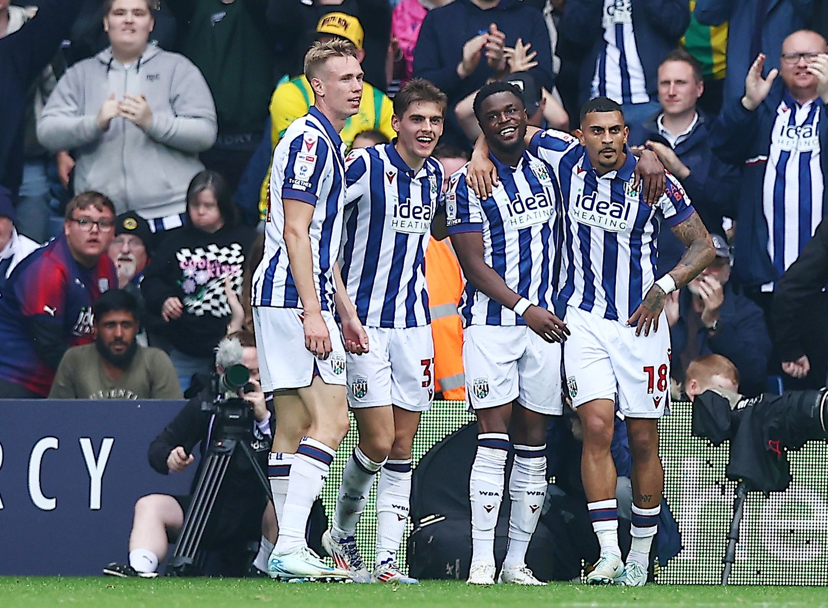 Josh Maja celebrates scoring against Plymouth with team-mates at The Hawthorns