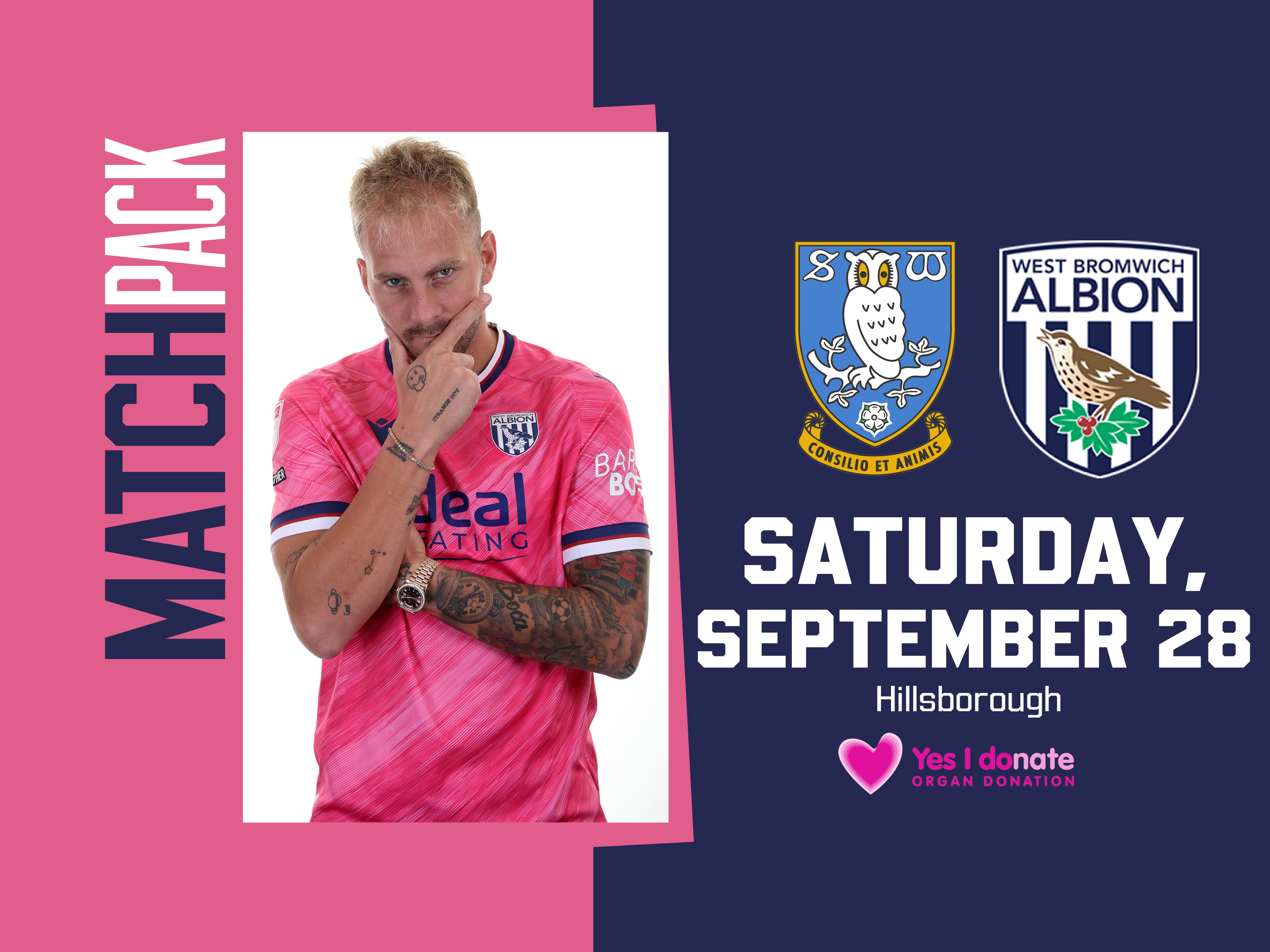 Sheffield Wednesday pink away match pack graphic with both club badges on and an image of Uroš Račić posing for a photo wearing the pink shirt 