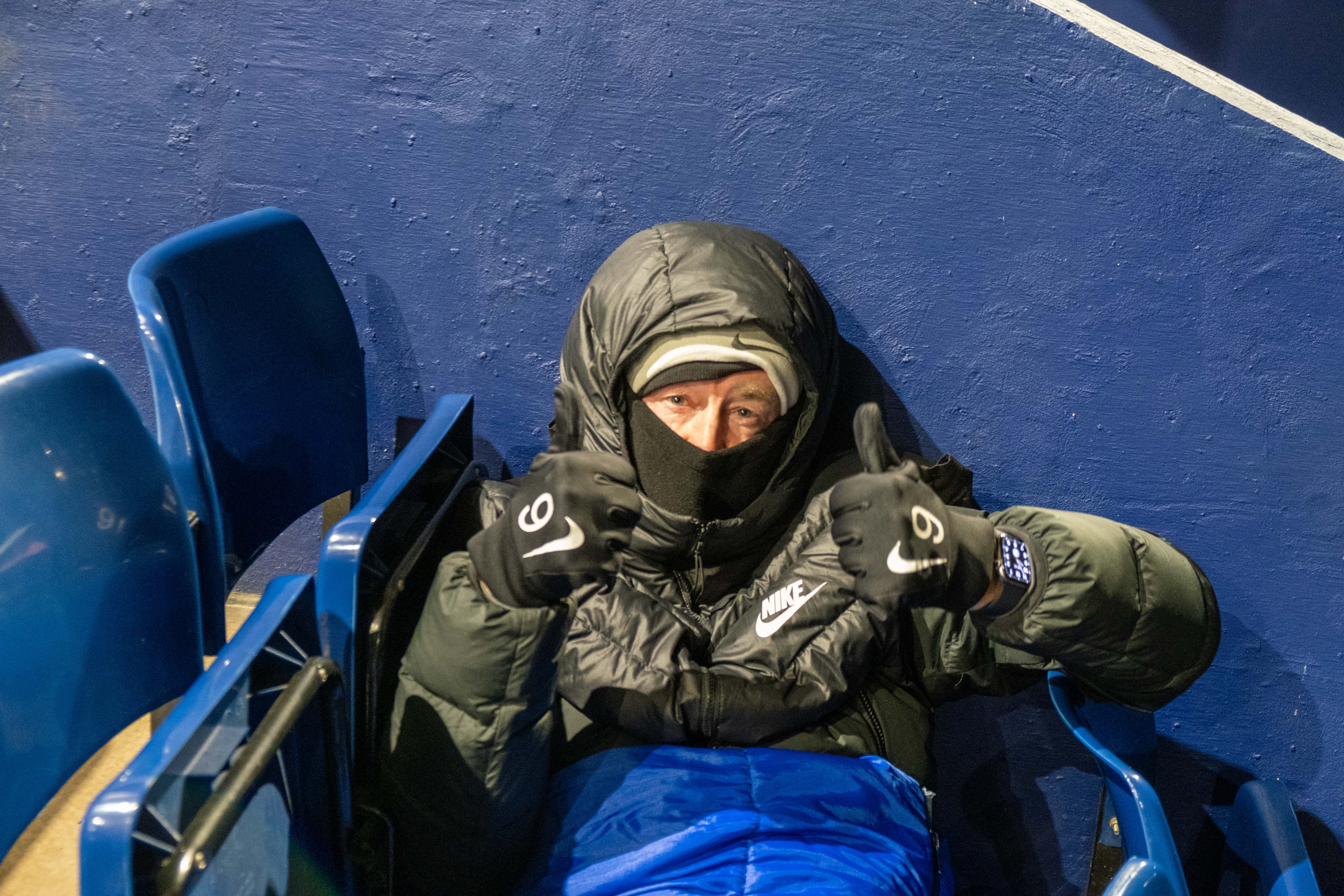 Jacko, WBA Kit manager, wrapped up in his sleep bags and giving two thumbs up