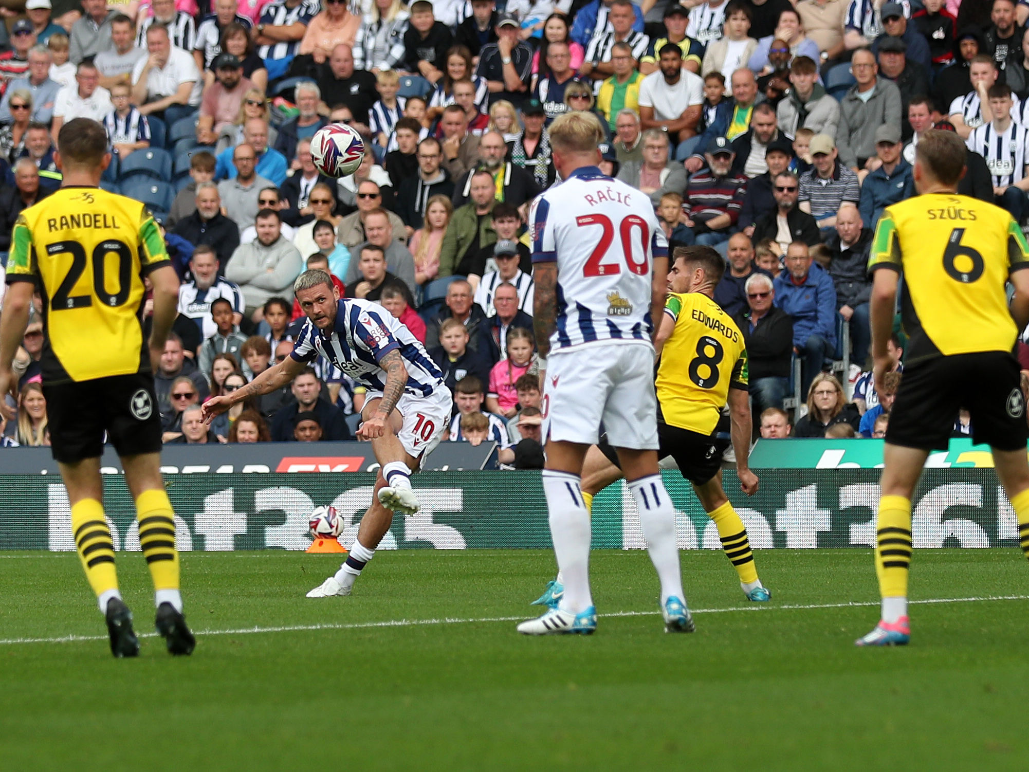 An image of John Swift hitting the post against Plymouth