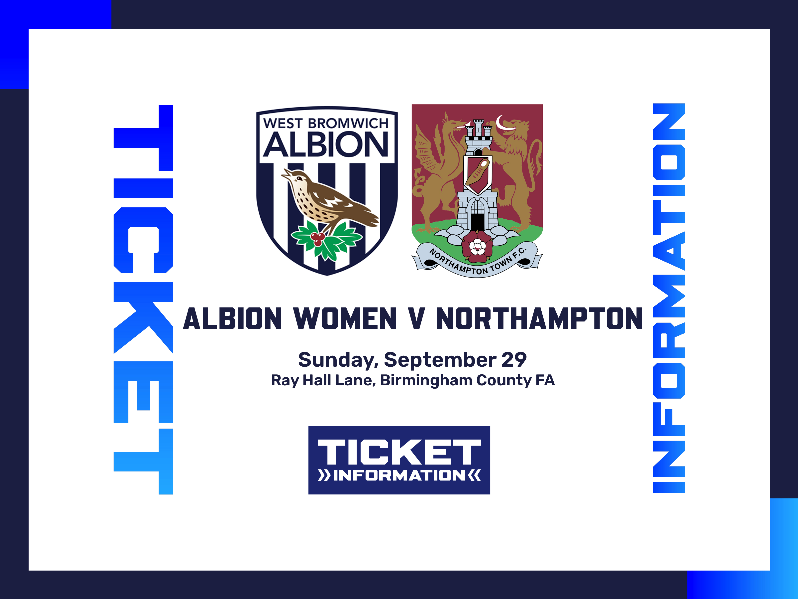 A ticket graphic displaying information for Albion Women's game against Northampton