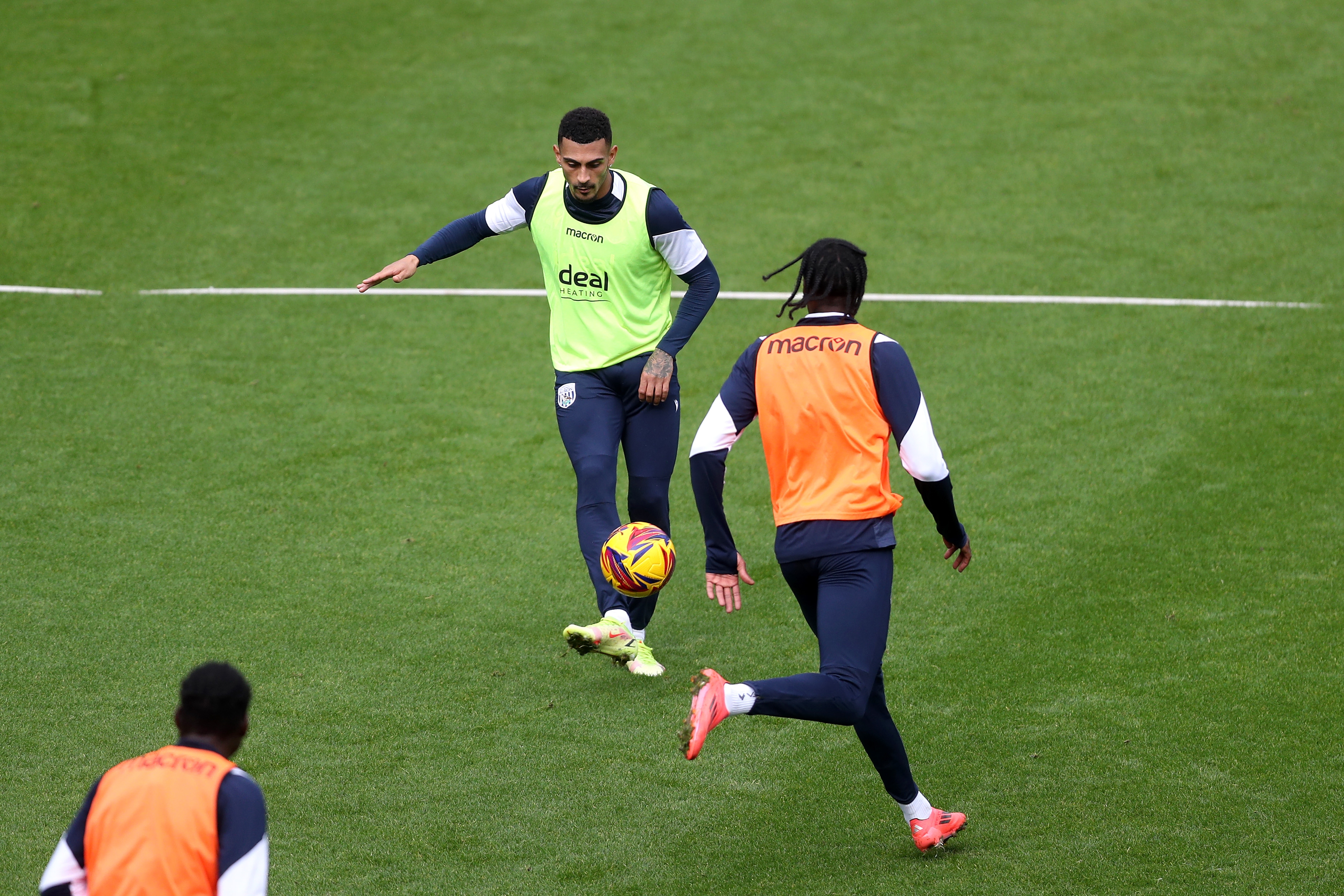 Karlan Grant on the ball during a training session at The Hawthorns