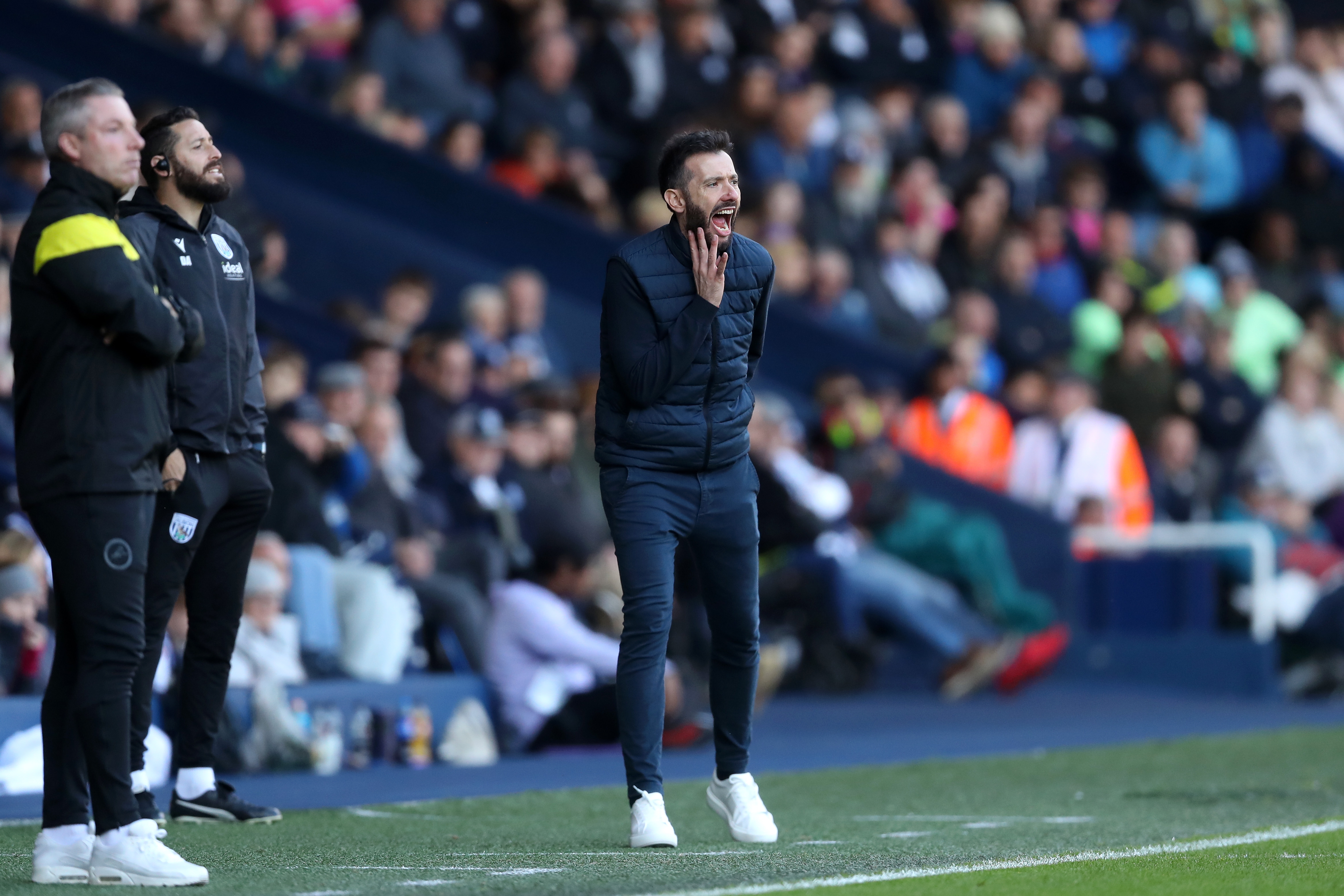 Carlos Corberán shouting at players on the side of the pitch at The Hawthorns in the game against Millwall 