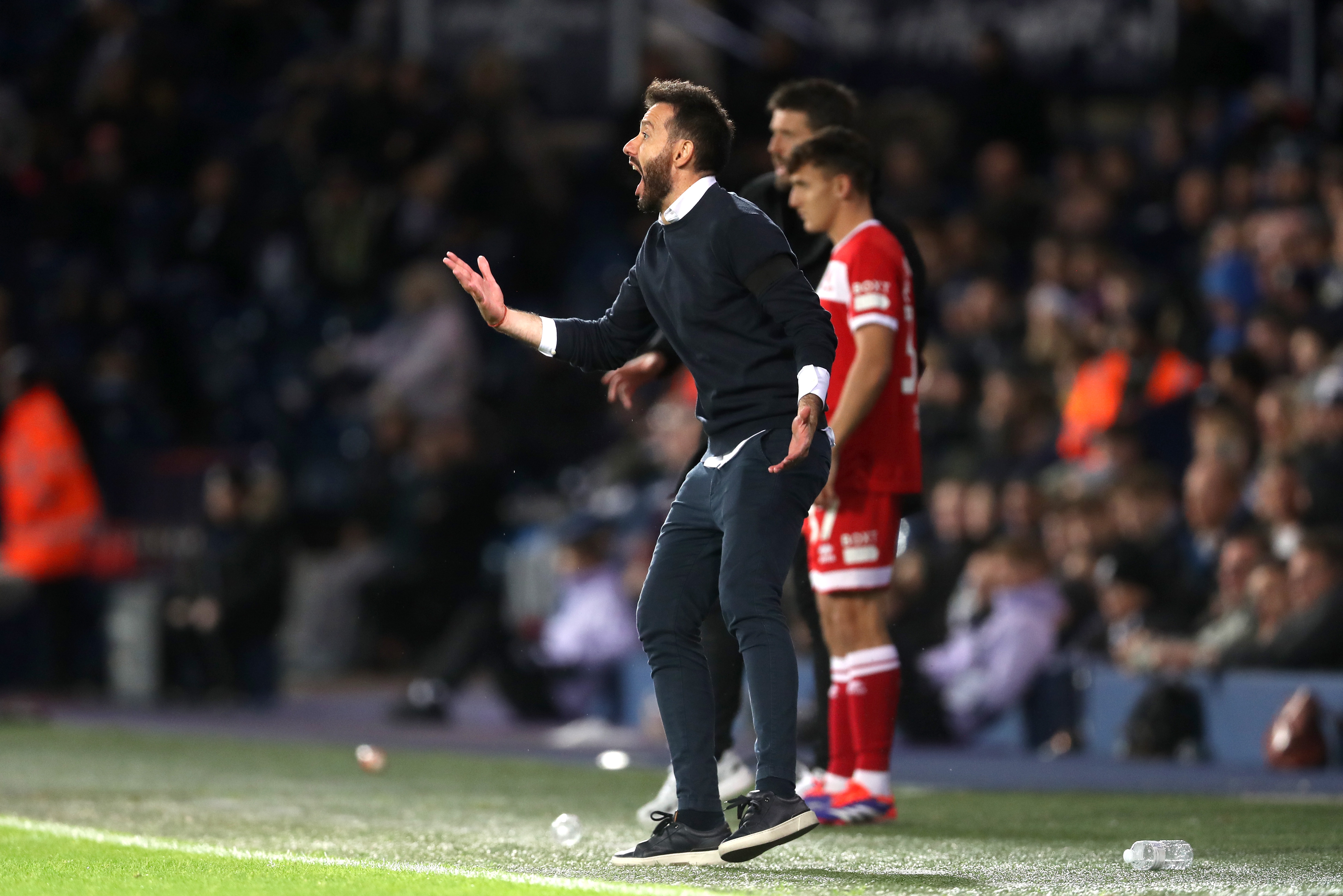 Carlos Corberán shouting at his players on the sideline at The Hawthorns against Middlesbrough 