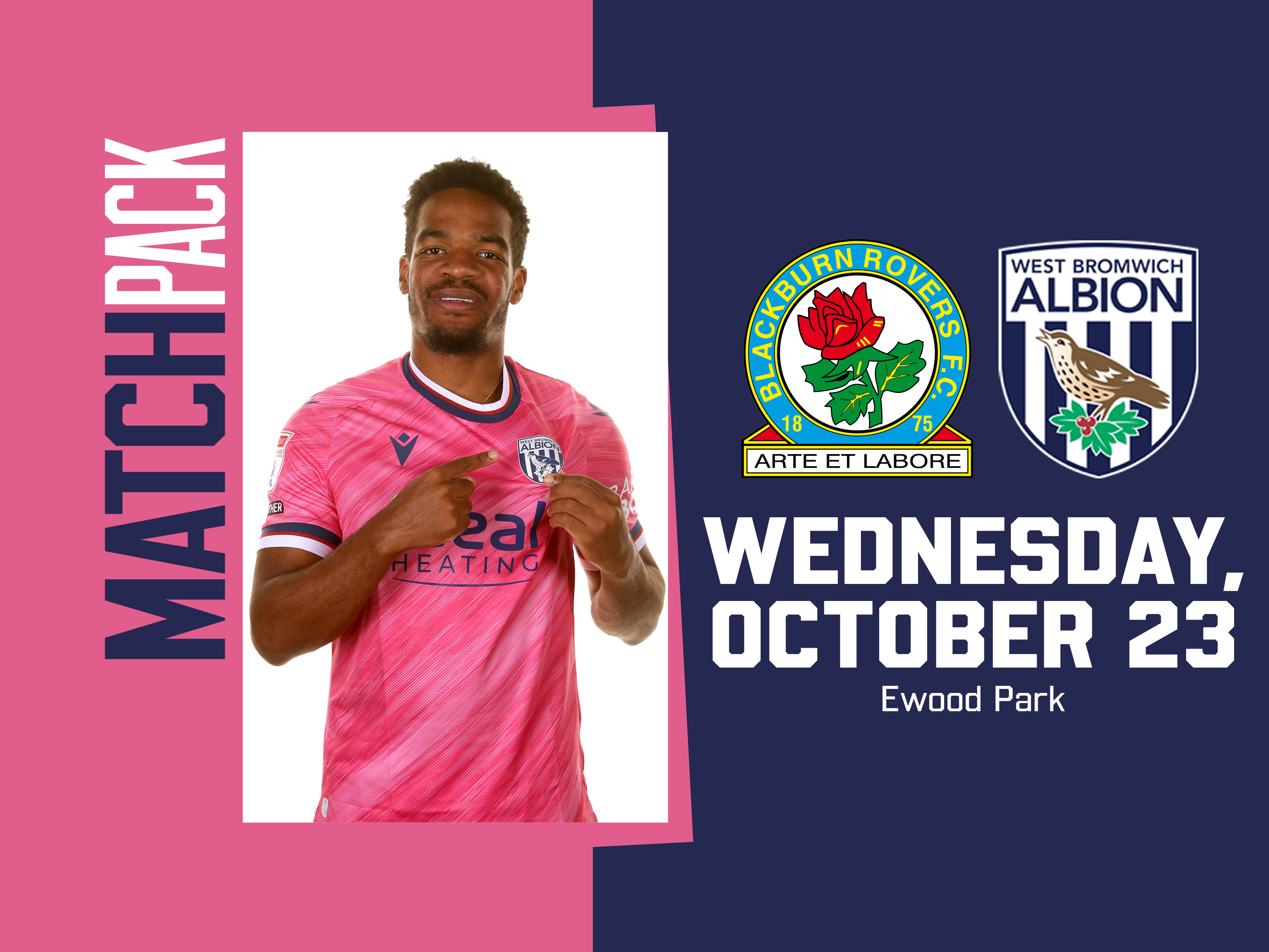 Blackburn v Albion match pack pink away graphic with both badges on and an image of Grady Diangana in the pink shirt smiling at the camera pointing to the badge 