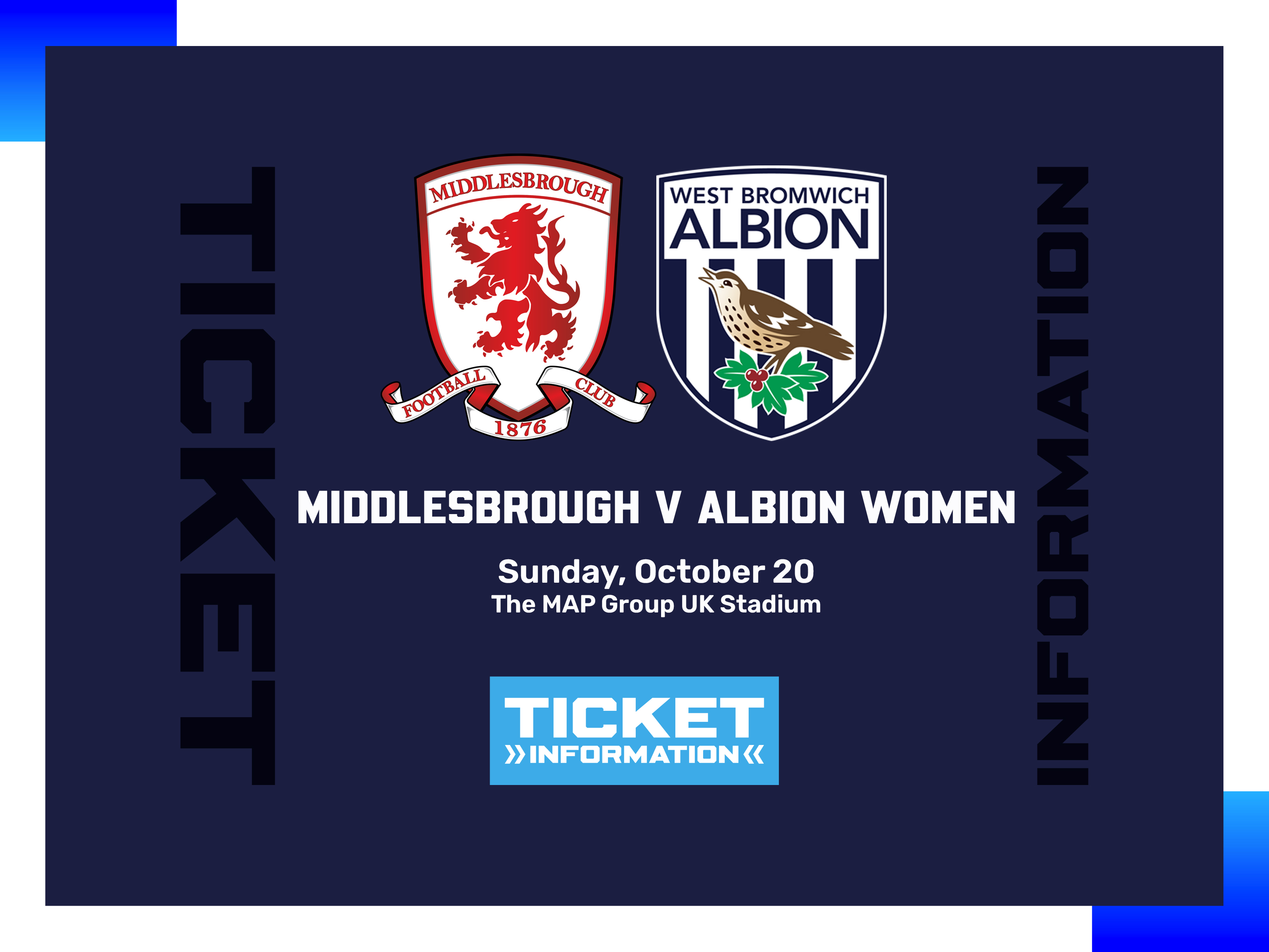 A ticket graphic displaying information for Albion Women's game against Middlesbrough