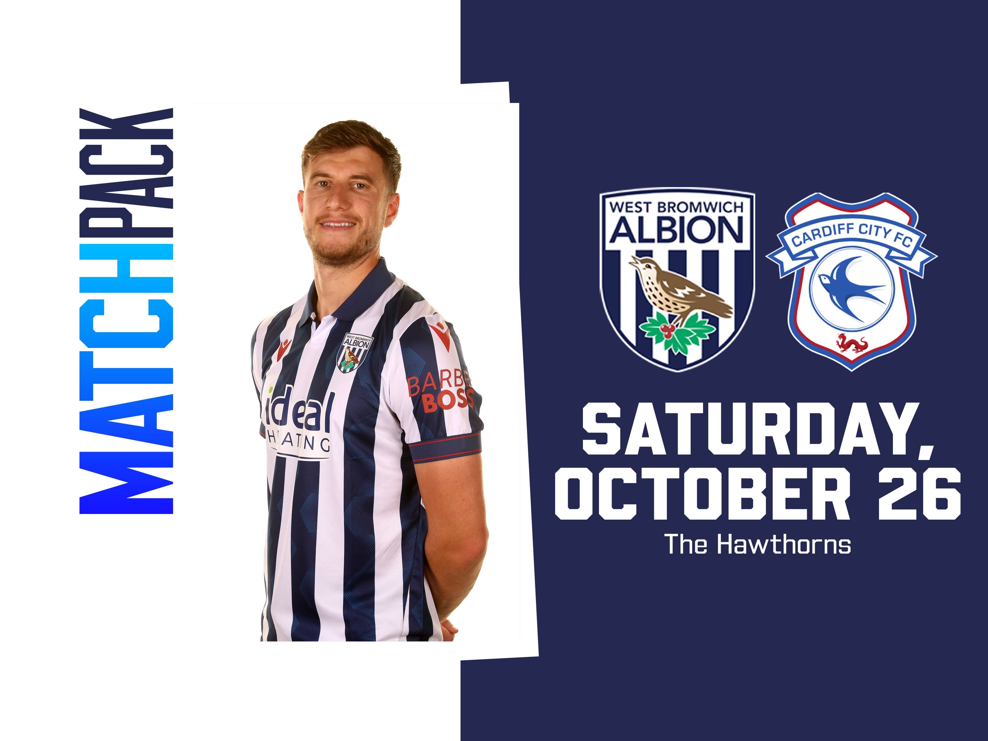 Albion v Cardiff home colours match pack graphic with both badges on and an image of Paddy McNair smiling at the camera stood in the home shirt 