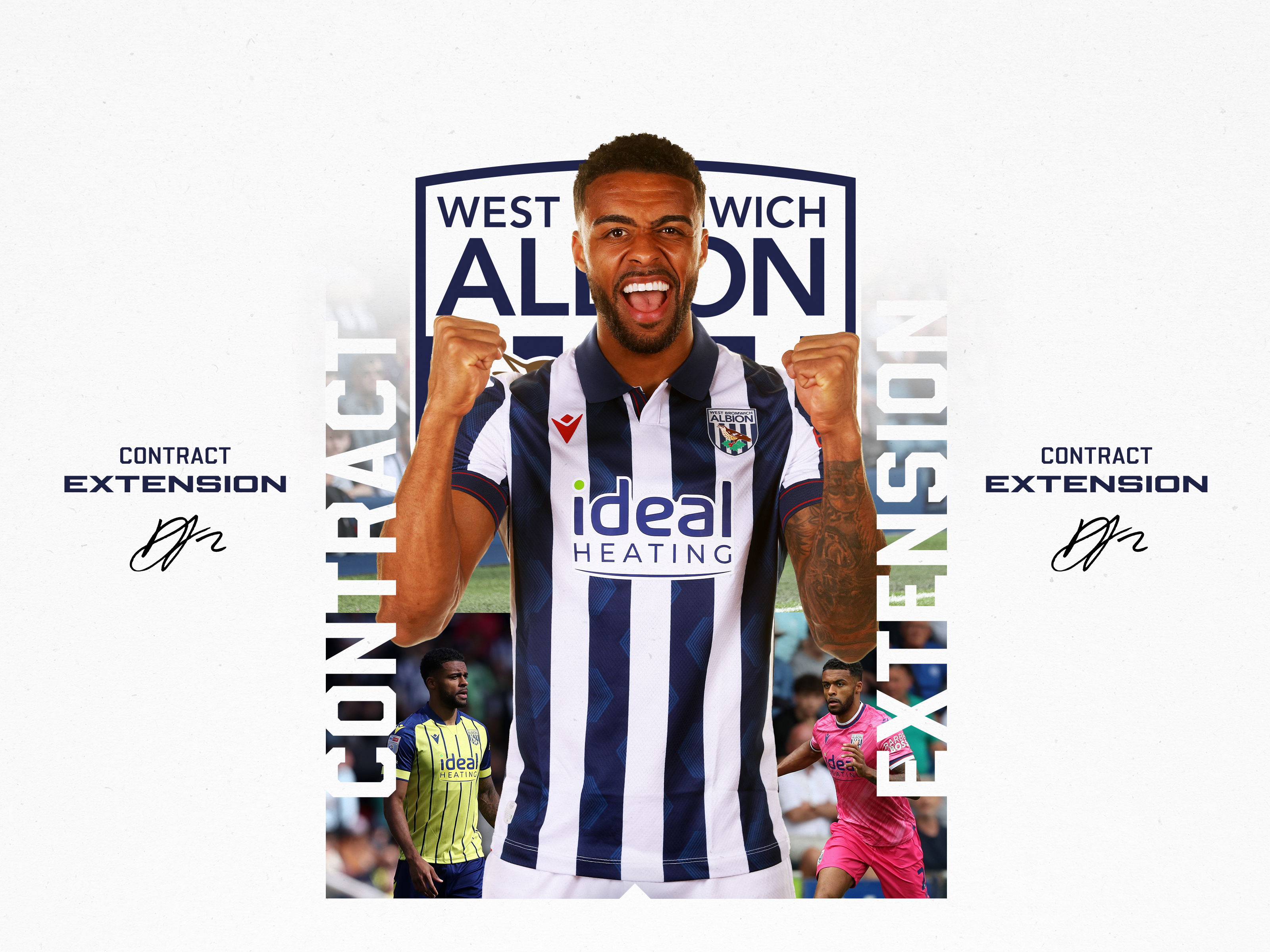 Darnell Furlong's contract extension graphic with an image of him in a home shirt clenching his fists and celebrating 