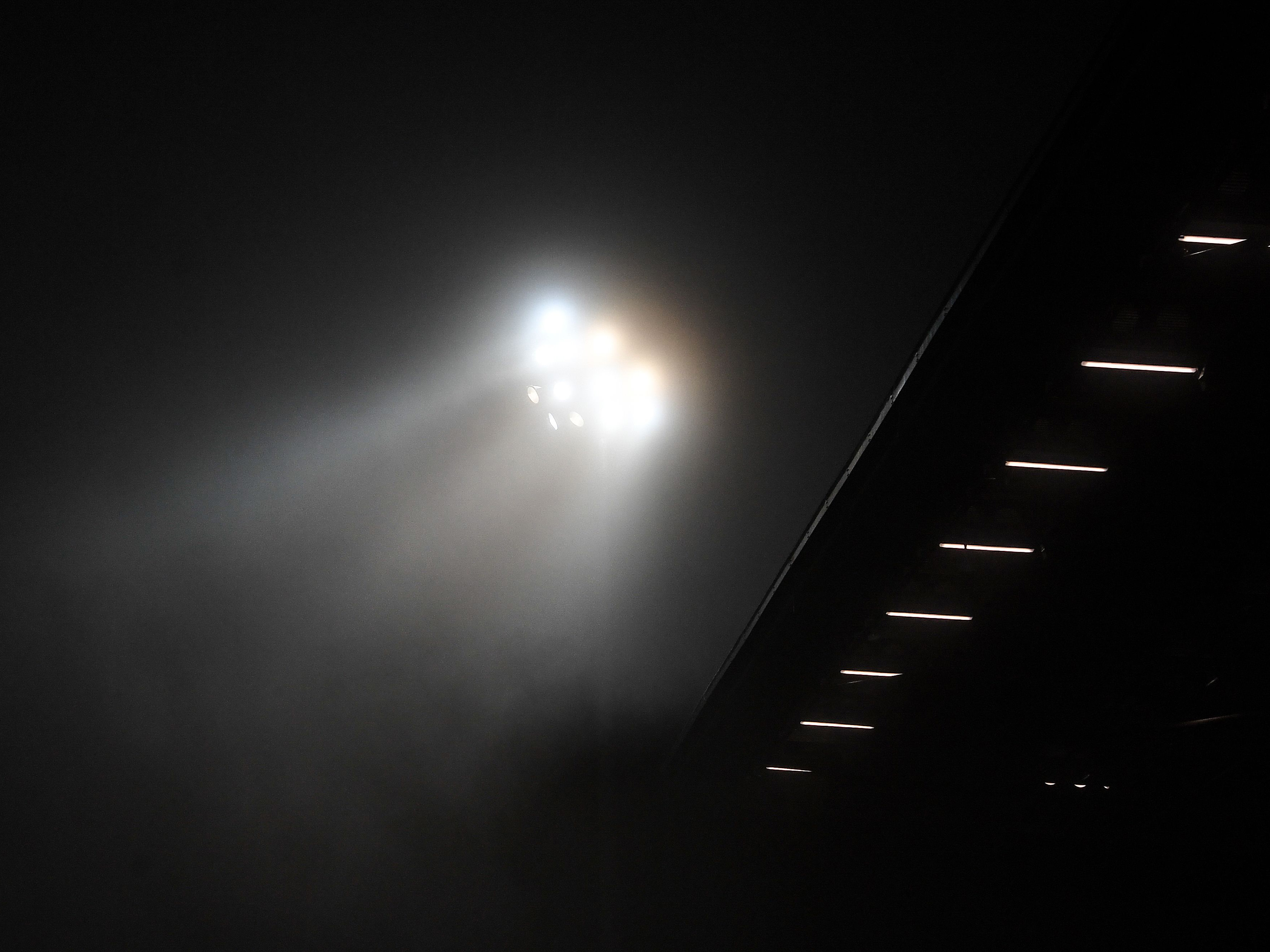 A photo of a floodlight in fog at York City's LNER Community Stadium