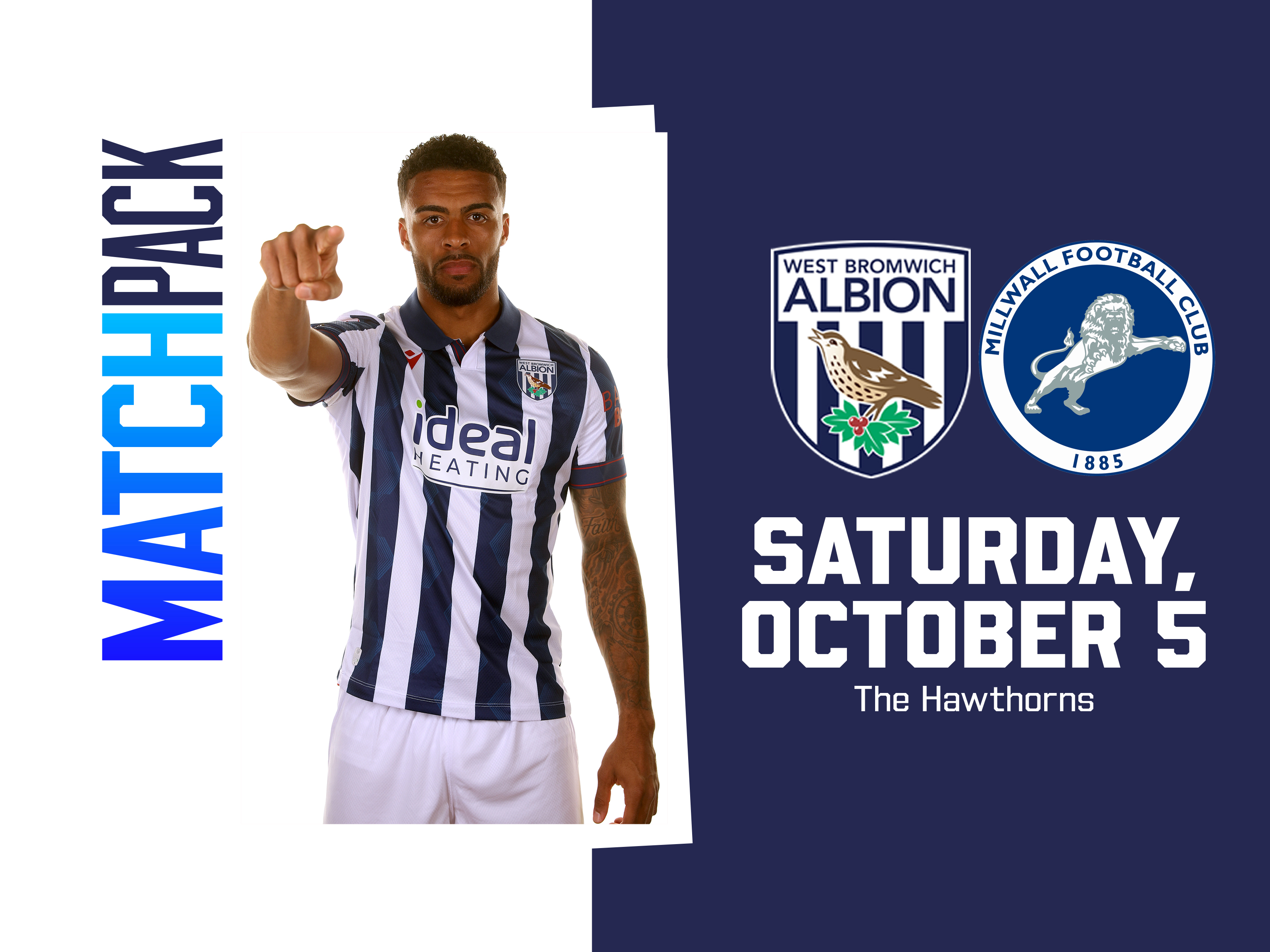 Home match pack graphic for Millwall match with both club badges and an image of Darnell Furlong pointing at the camera in the home kit 