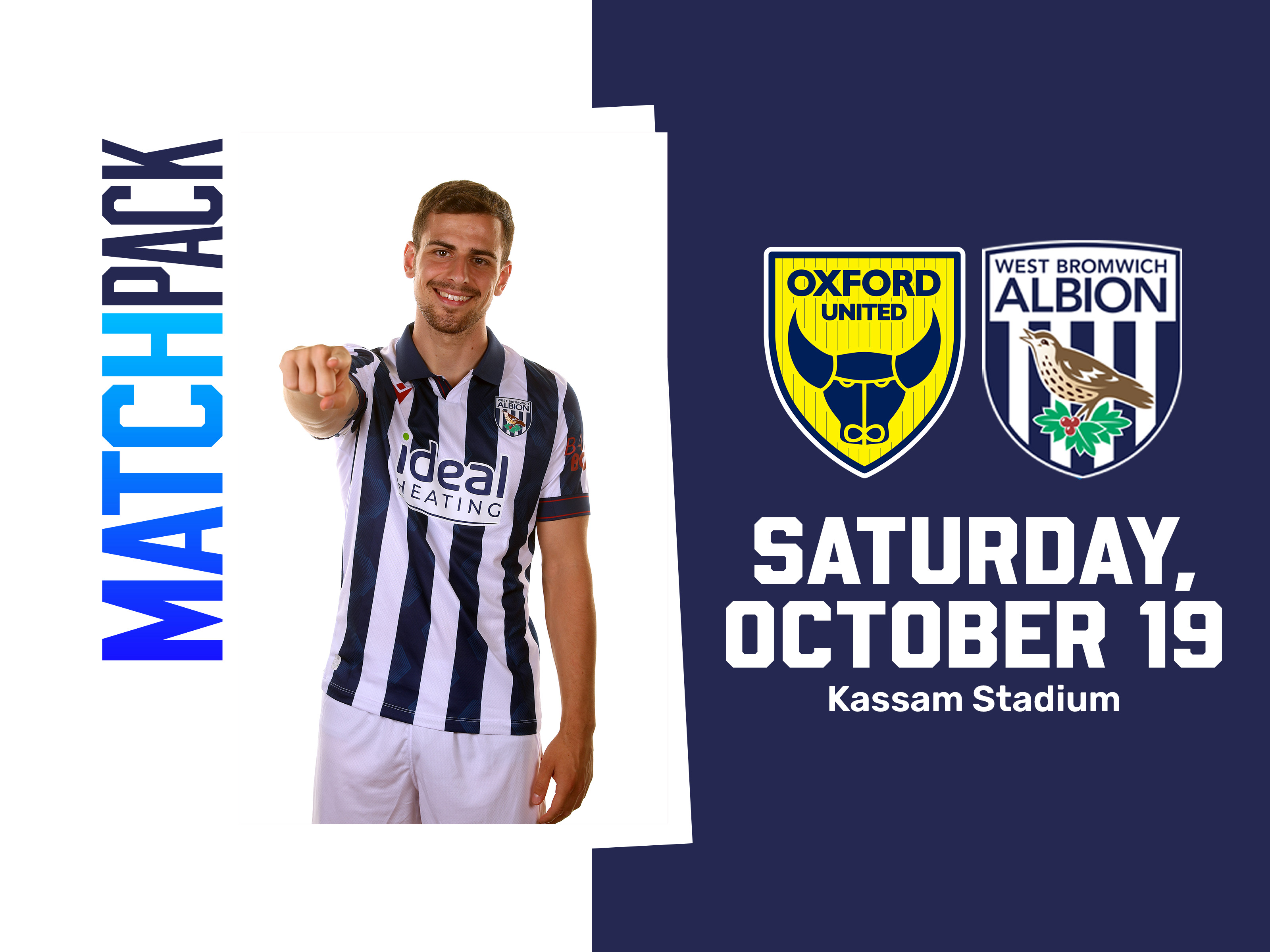 A match pack graphics, featuring a photo of Jayson Molumby in the 2024/25 home kit, showing the Oxford and Albion crests