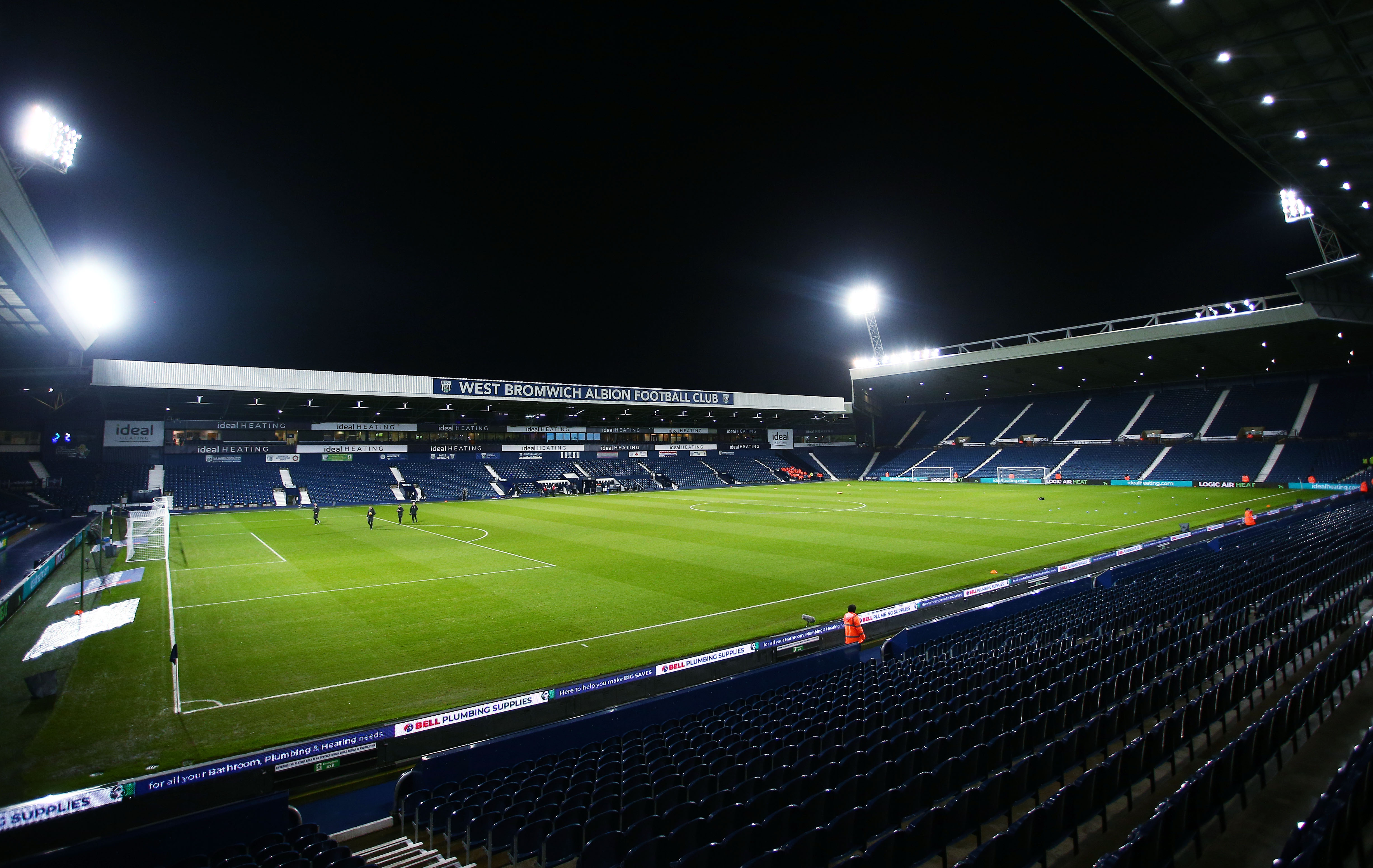 A general view of The Hawthorns at night with the floodlights on. Picture taken from the East Stand looking over at the West Stand