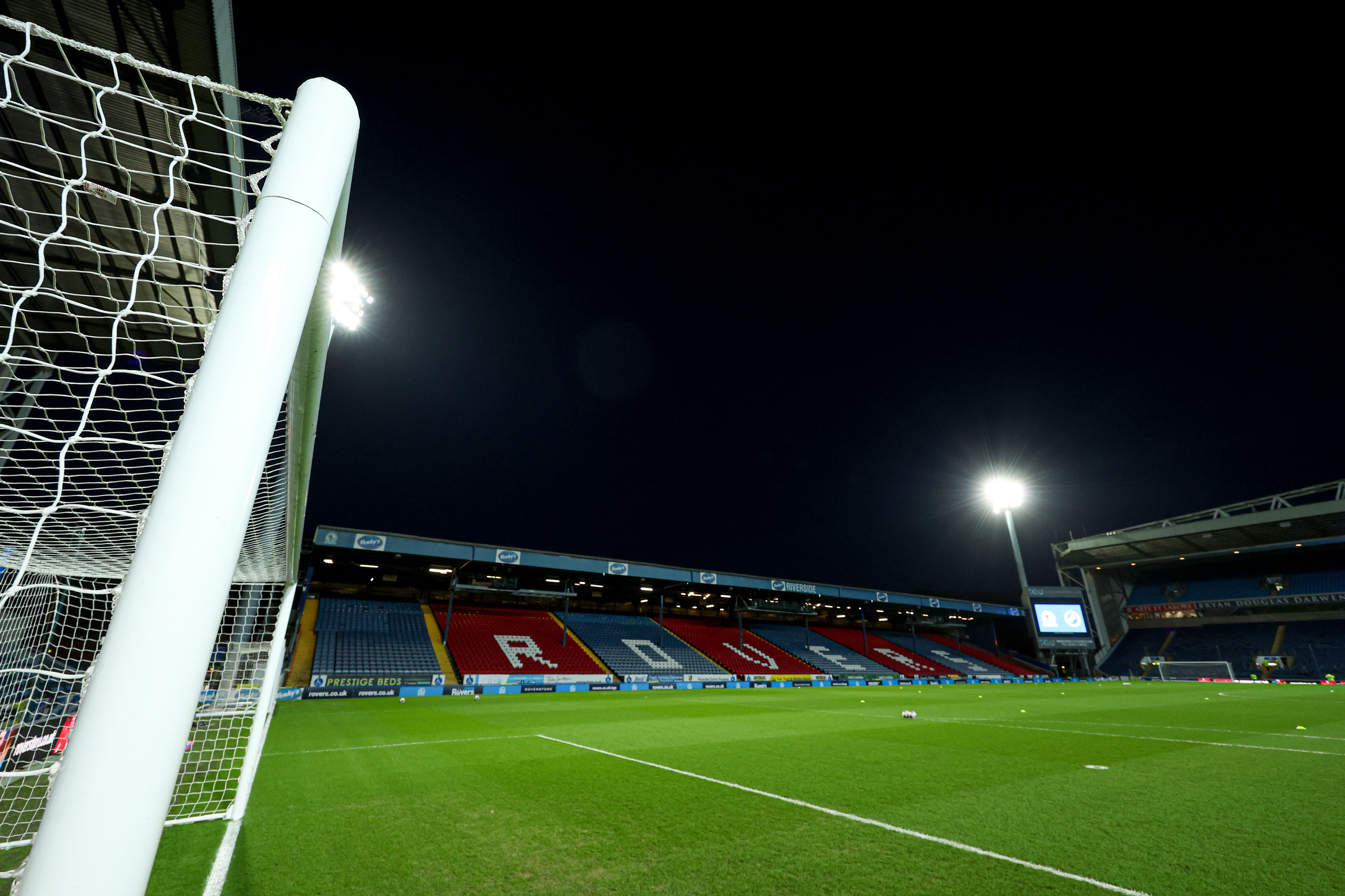 A general view of Blackburn Rovers' Ewood Park at night 