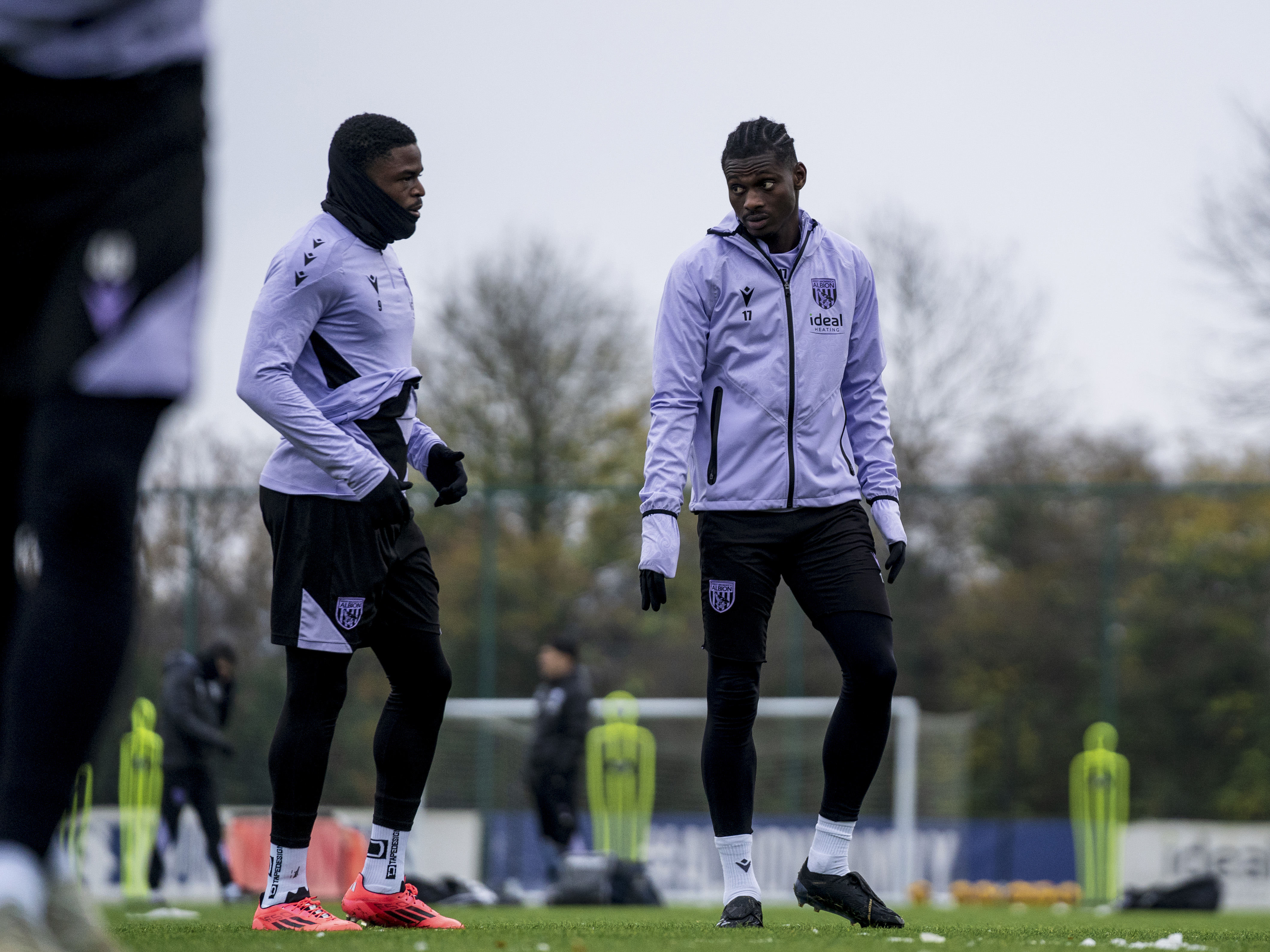 Josh Maja and Ousmane Diakité talking during a training session 