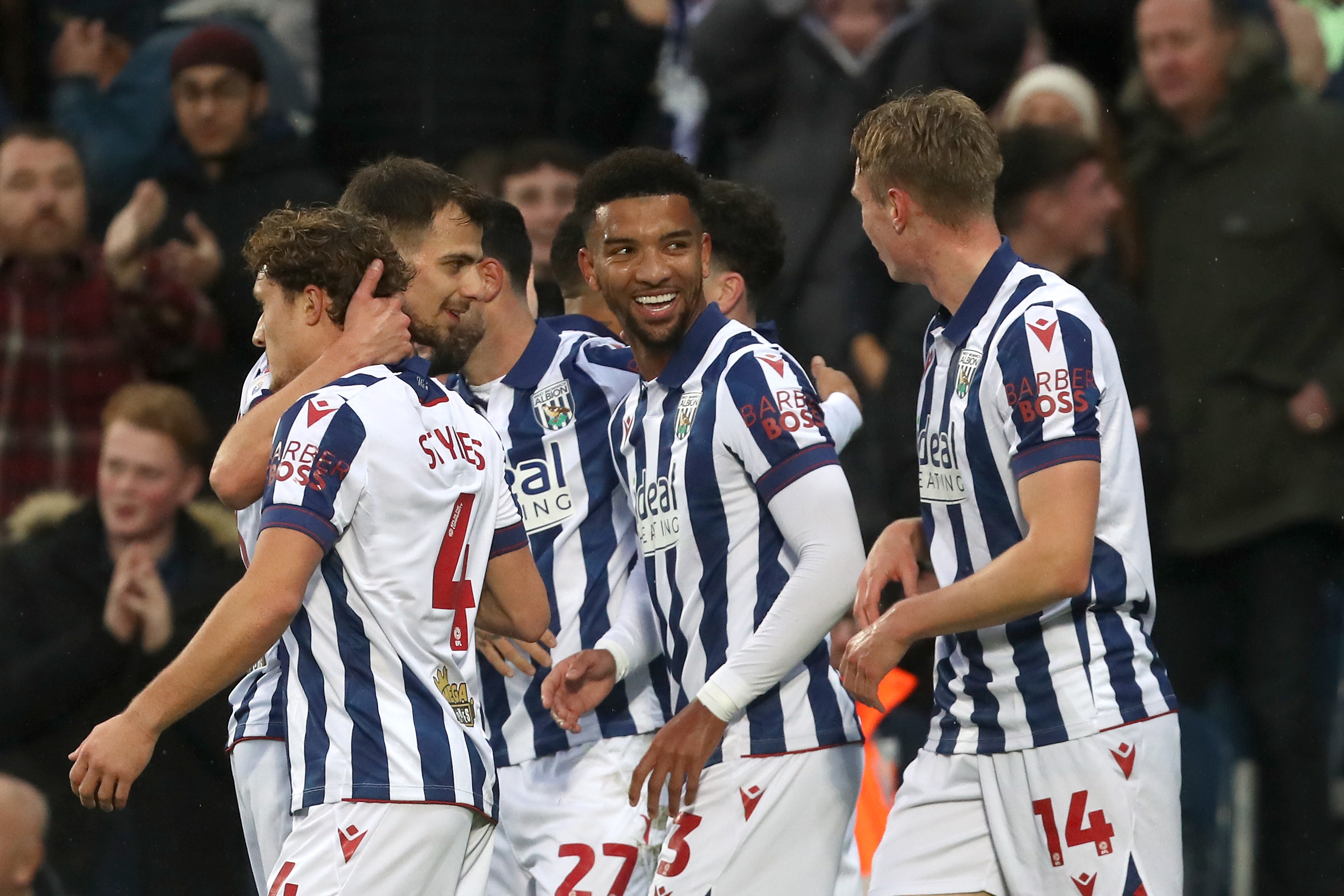 Mason Holgate celebrates scoring against Norwich City with team-mates 