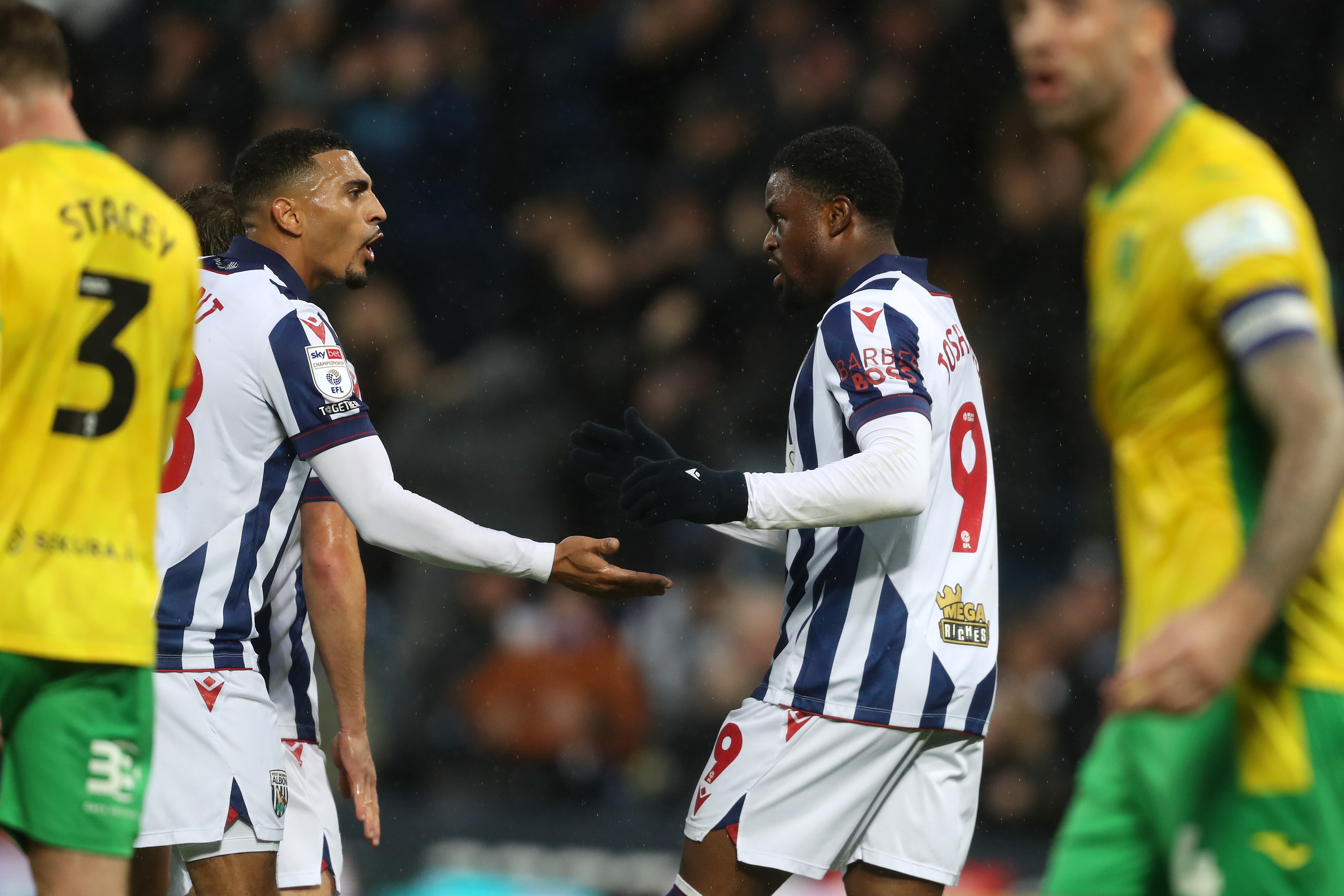 Josh Maja celebrates scoring against Norwich with Karlan Grant 