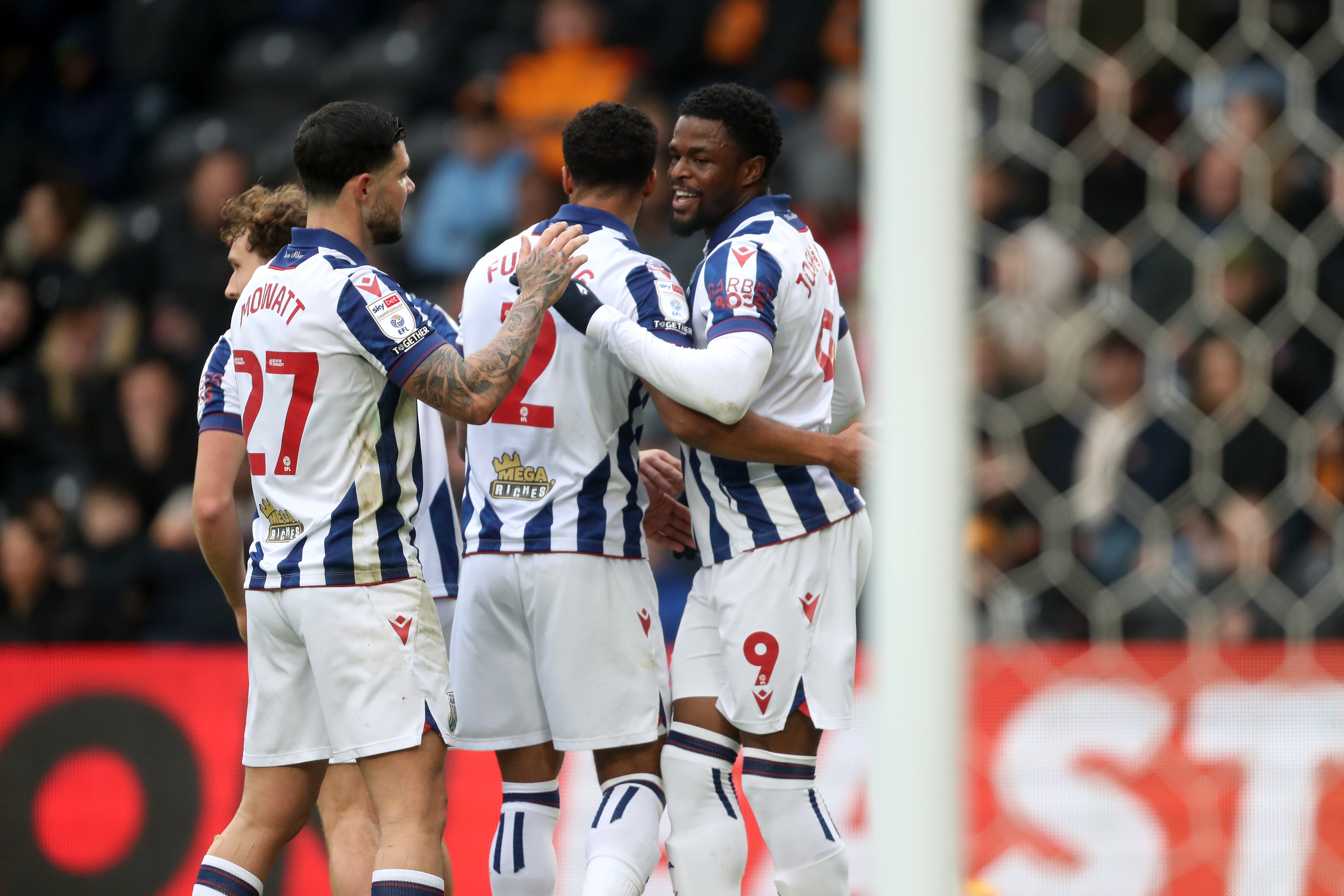 Josh Maja celebrates scoring against Hull with team-mates