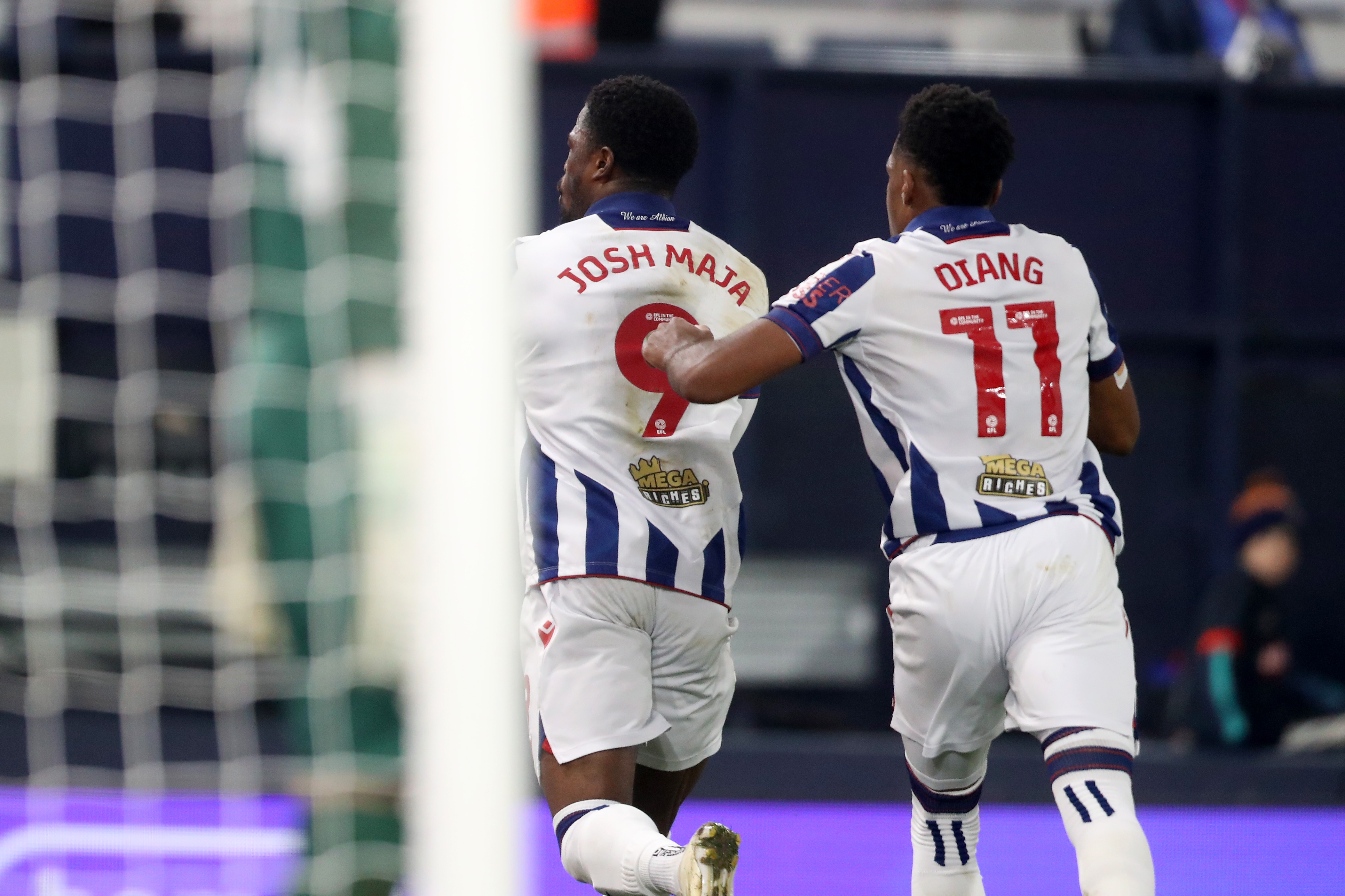 Josh Maja celebrates scoring at Luton with Grady Diangana