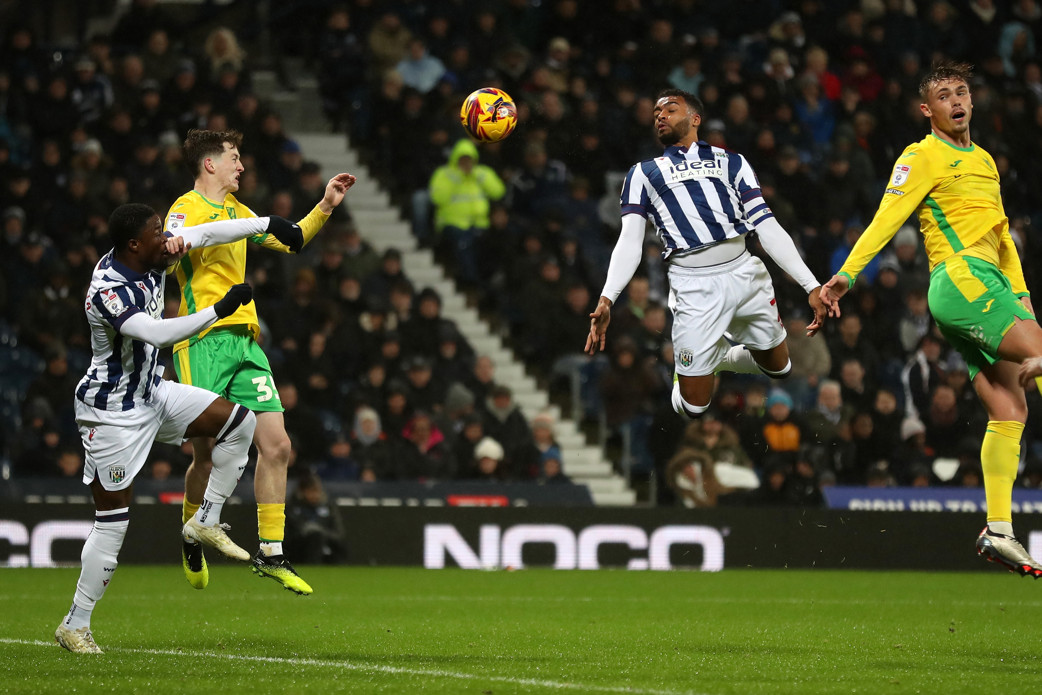 Darnell Furlong attempting to head the ball against Norwich City 