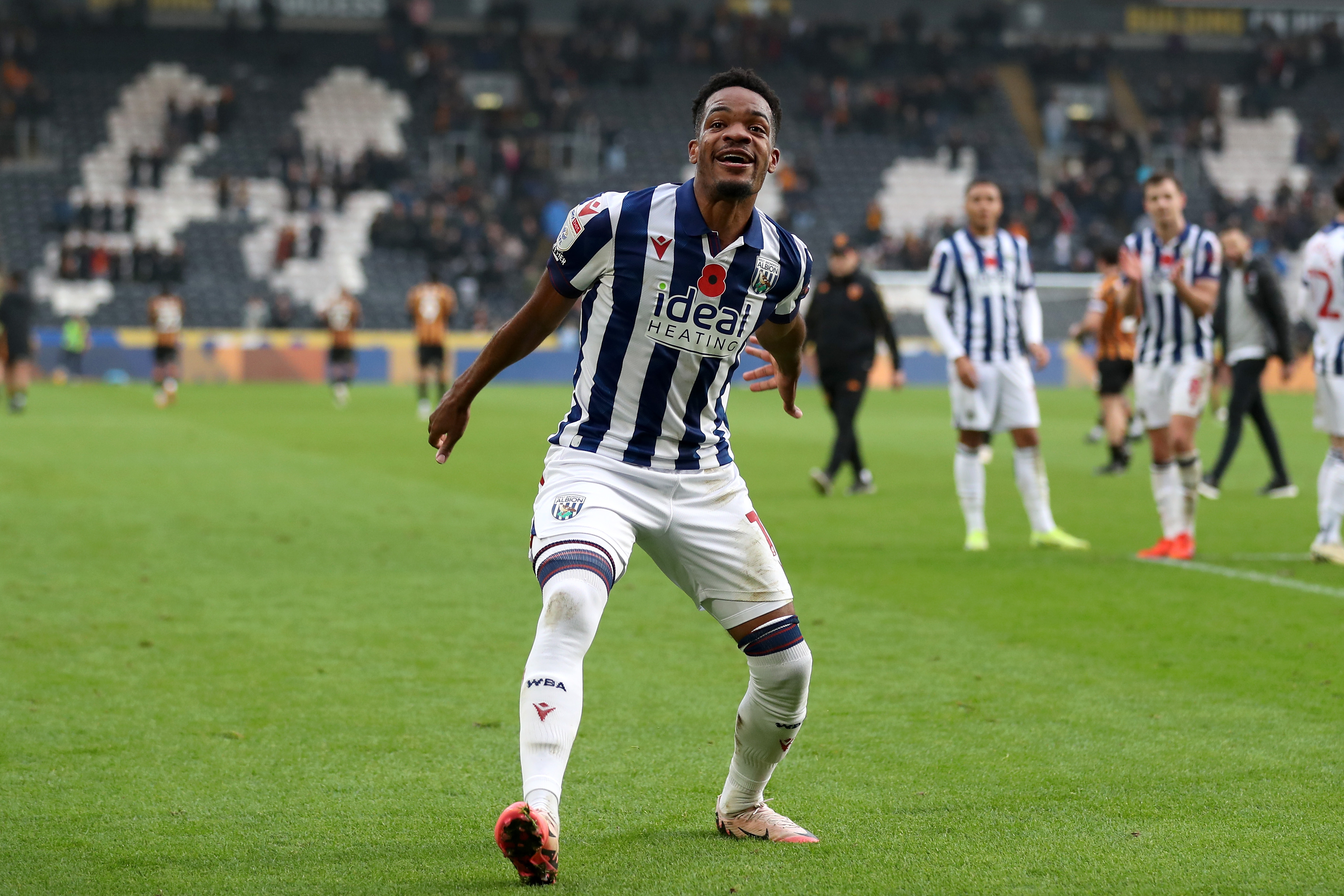 Grady Diangana celebrates a win after the full-time whistle