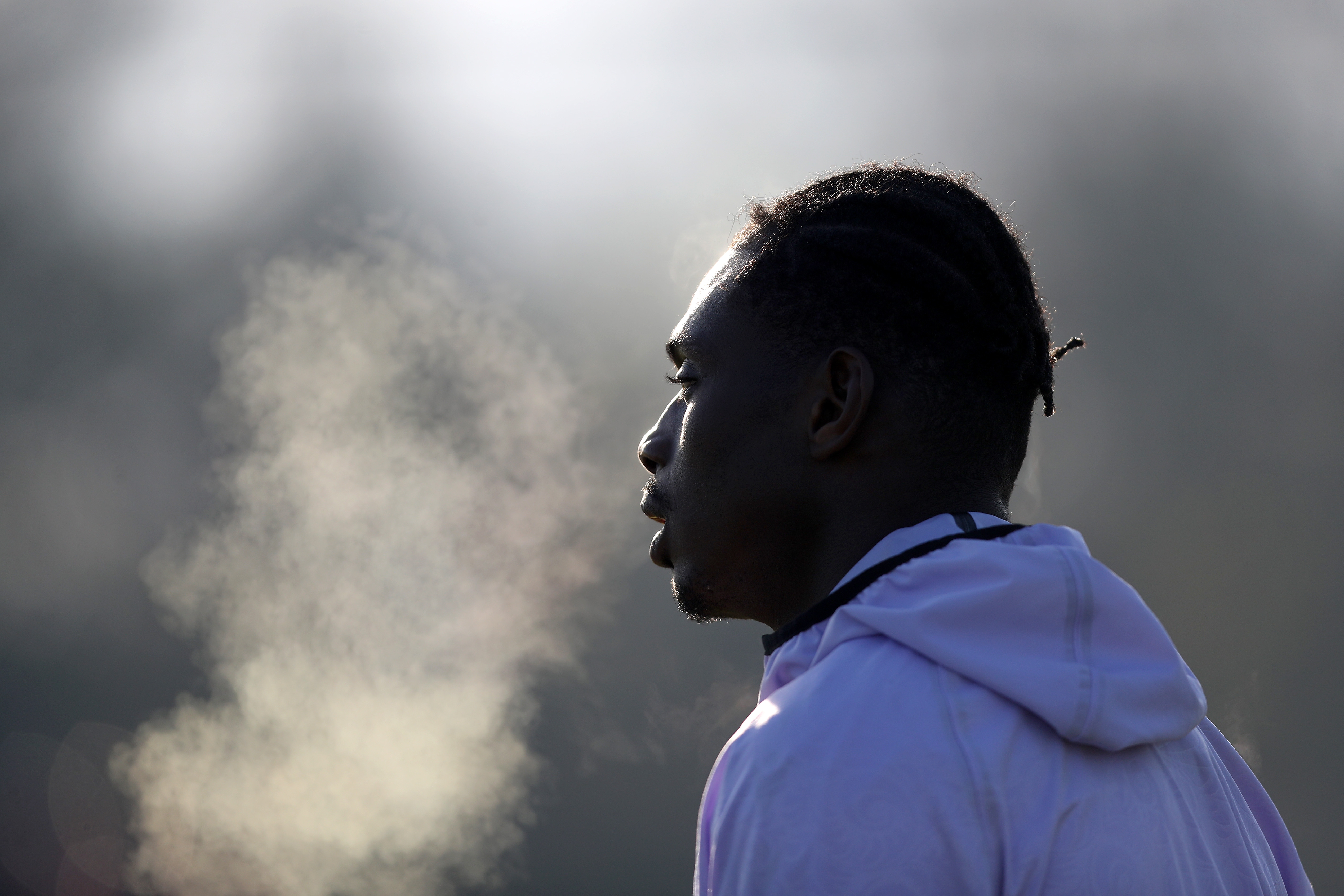 Ousmane Diakité breathing on a cold day during a training session 