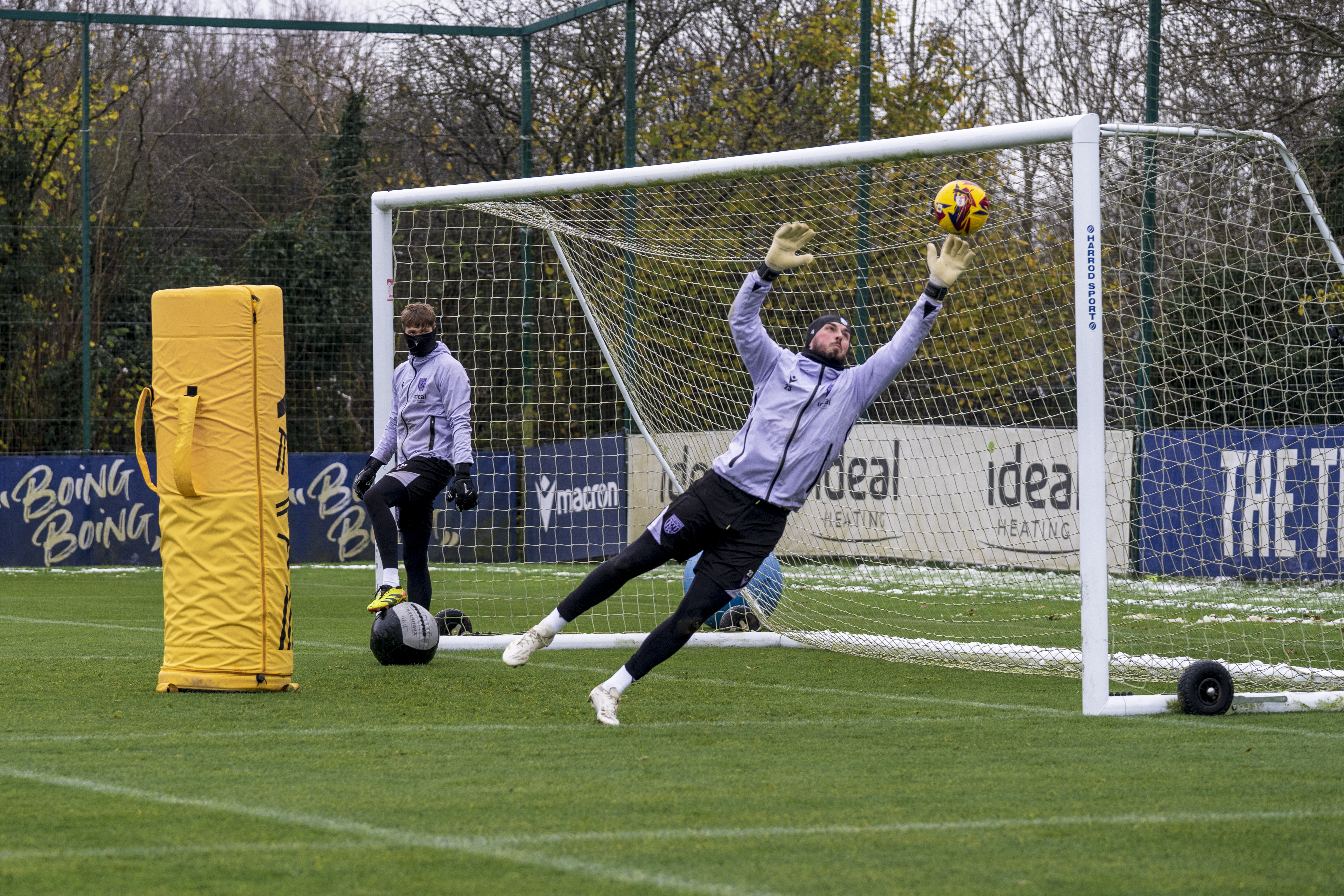 Joe Wildsmith on the stretch to make a save during training 