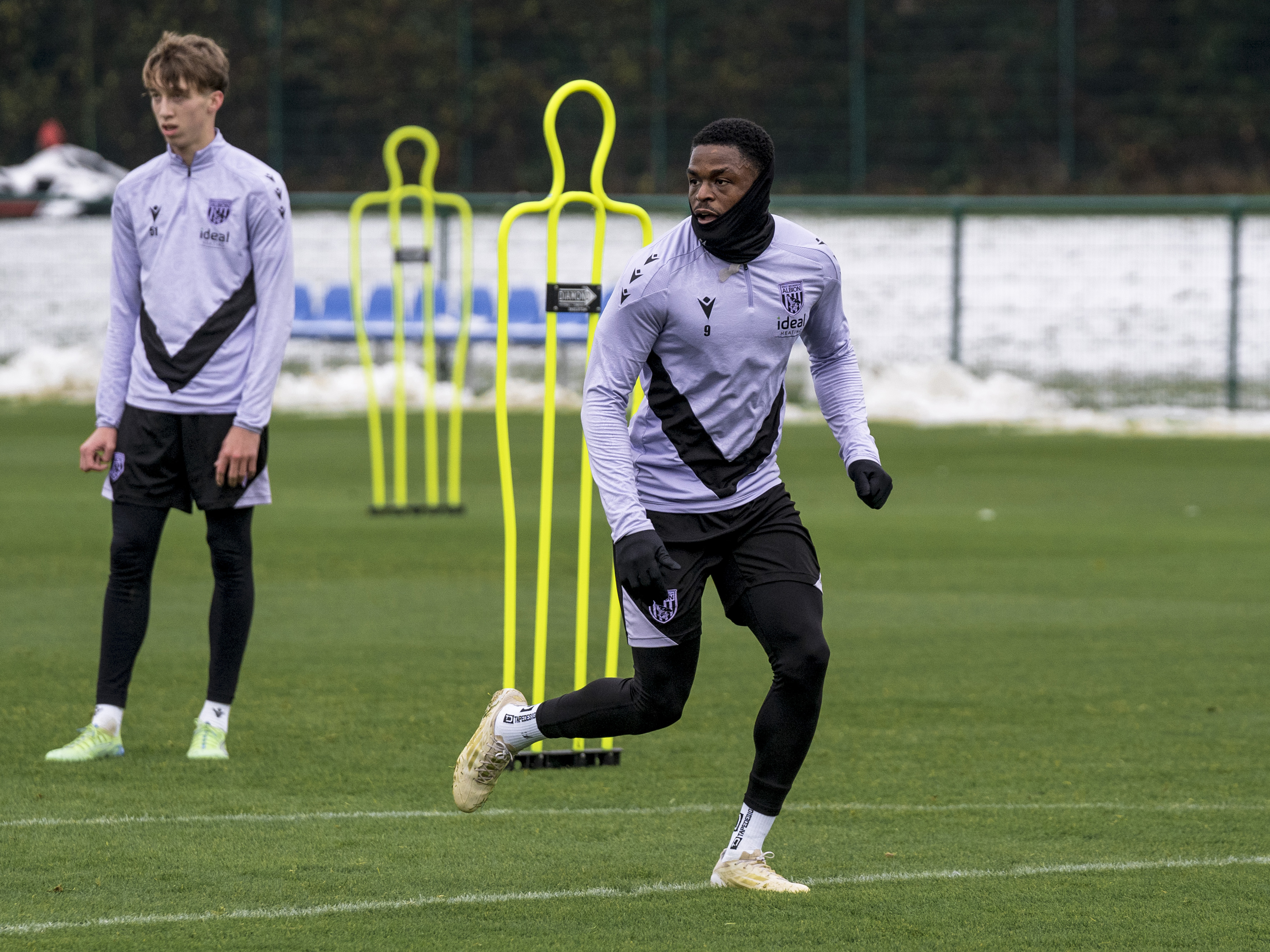 Josh Maja waiting for the ball to arrive during a training session