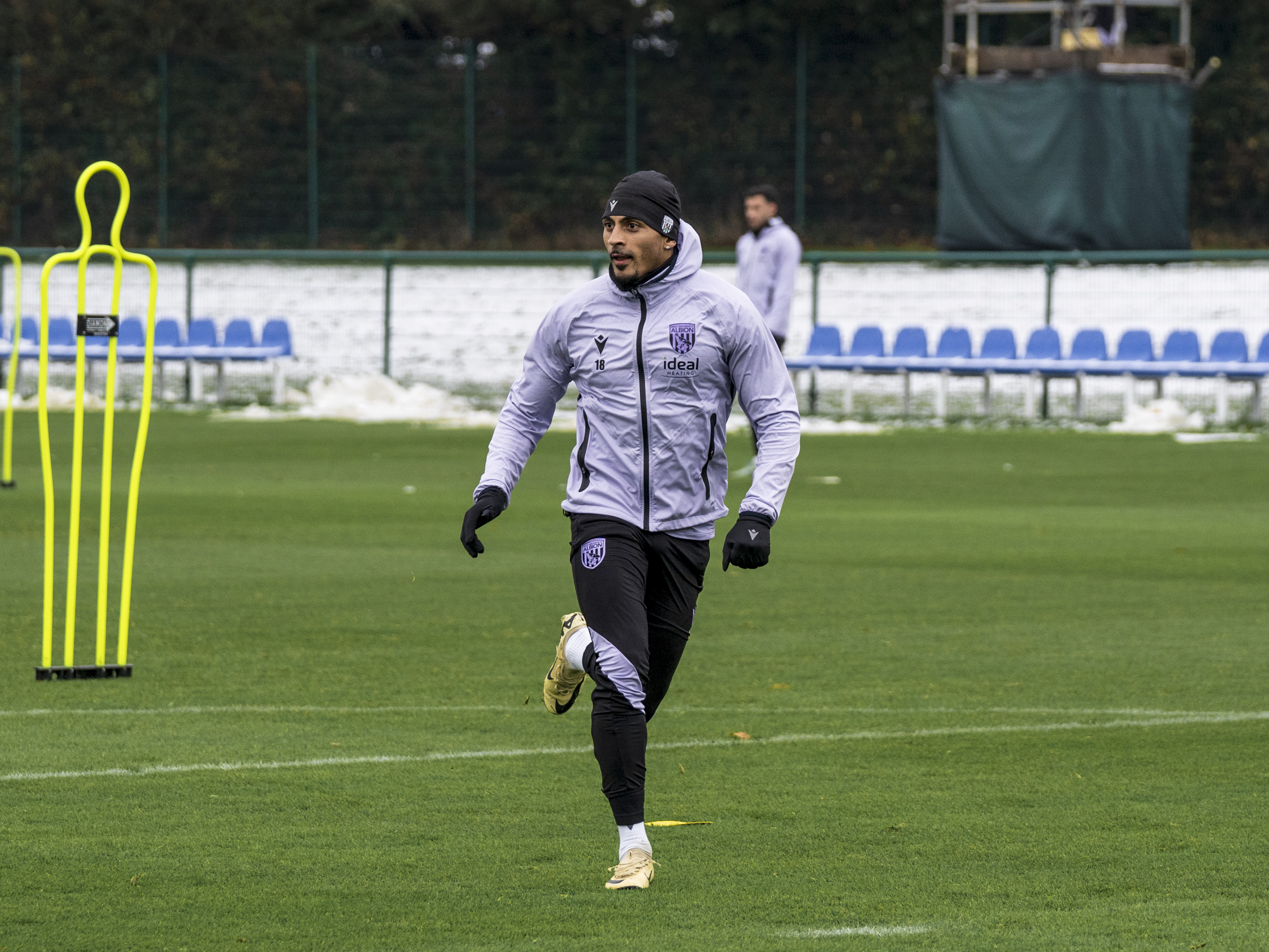 Karlan Grant waiting for the ball to arrive during a training session