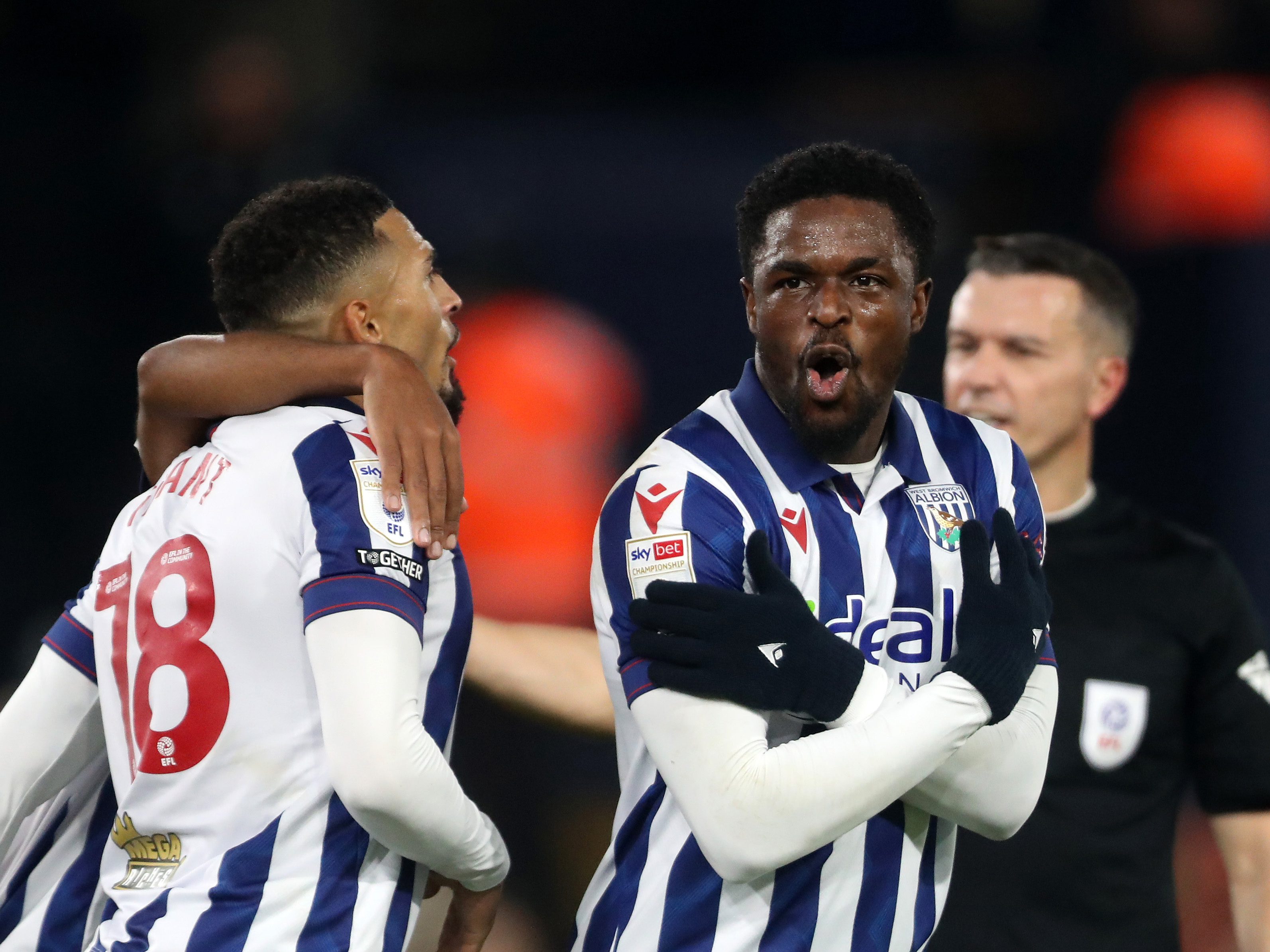 Josh Maja celebrates scoring against Luton at Kenilworth Road 