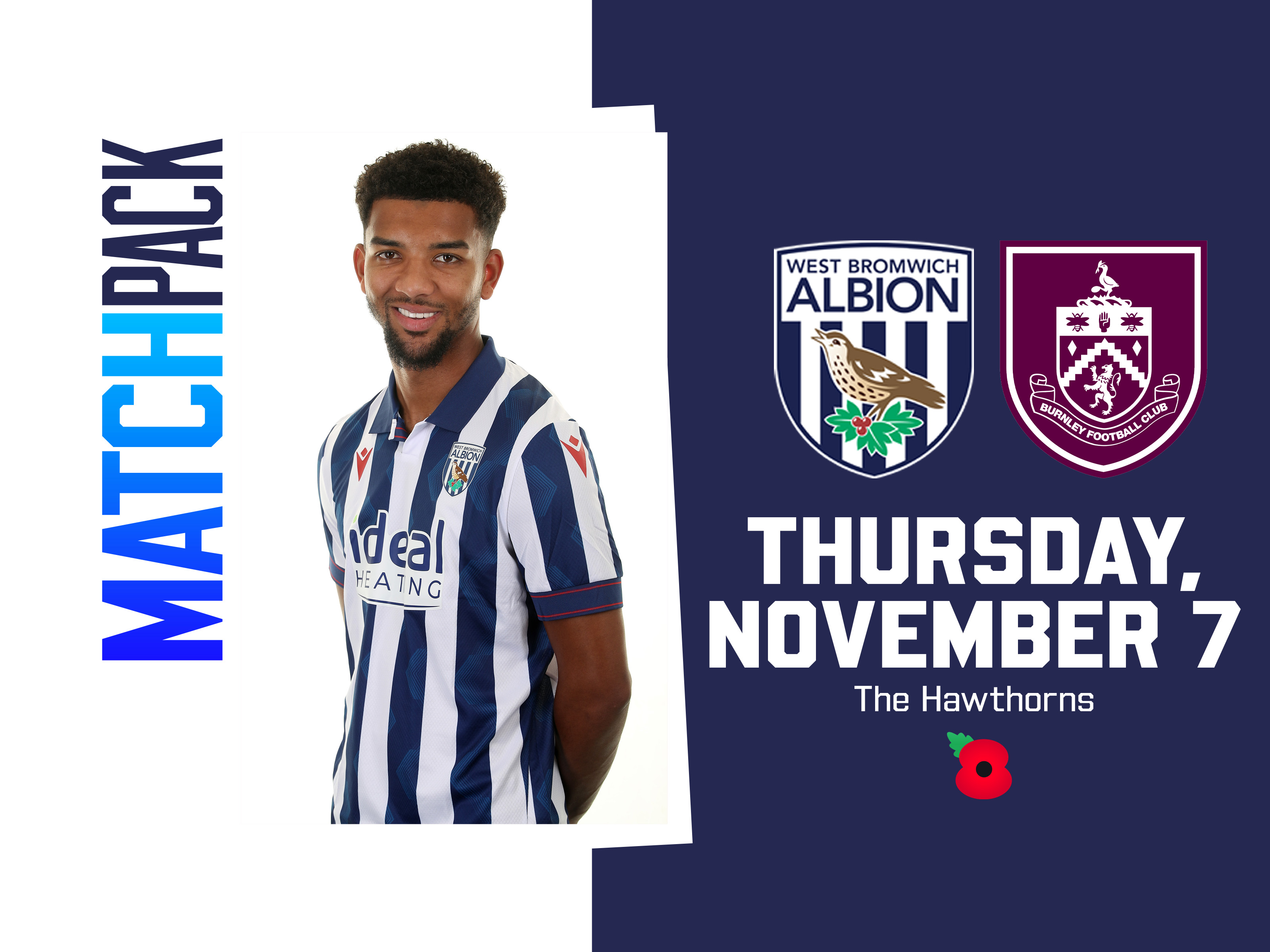 Home match pack graphic for Burnley fixture with both club badges on and an image of Mason Holgate smiling at the camera while stood in the home kit 