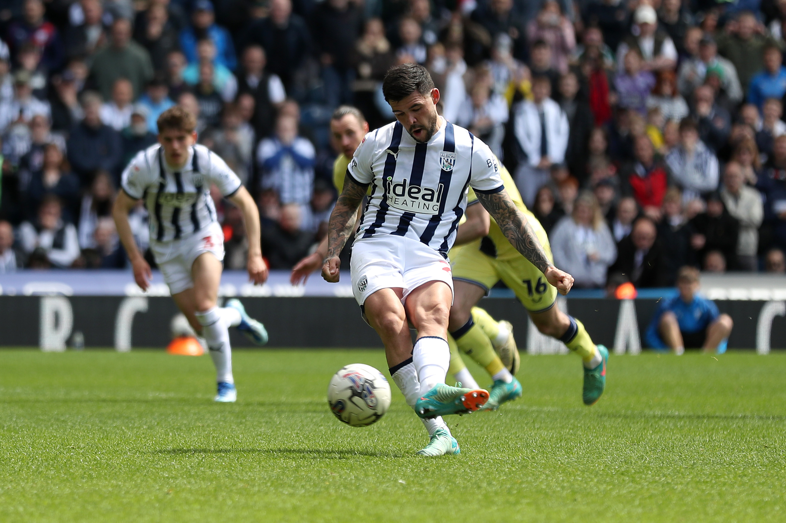 Alex Mowatt taking a penalty against Preston at The Hawthorns in May 2024