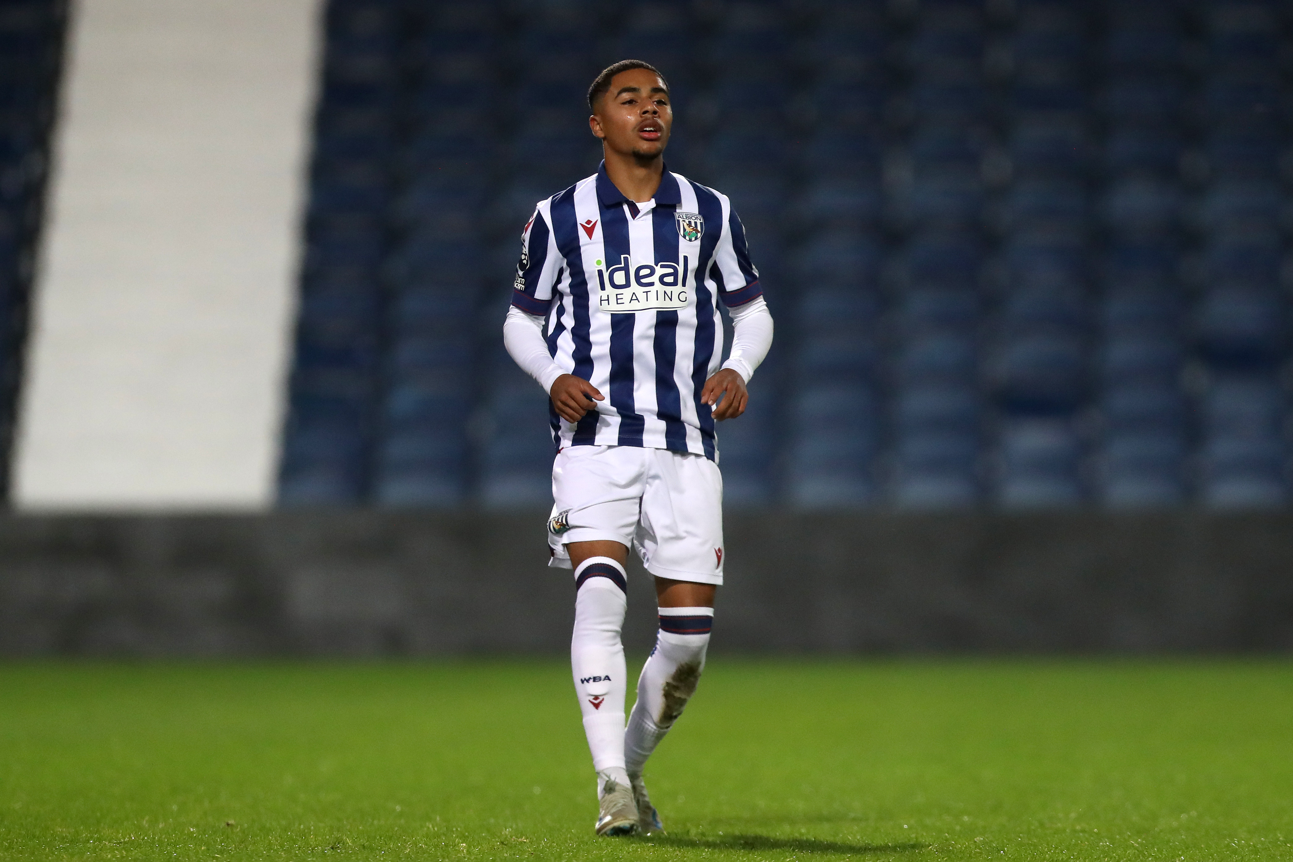 Deago Nelson in action for Albion's PL2 team at The Hawthorns in the home kit 