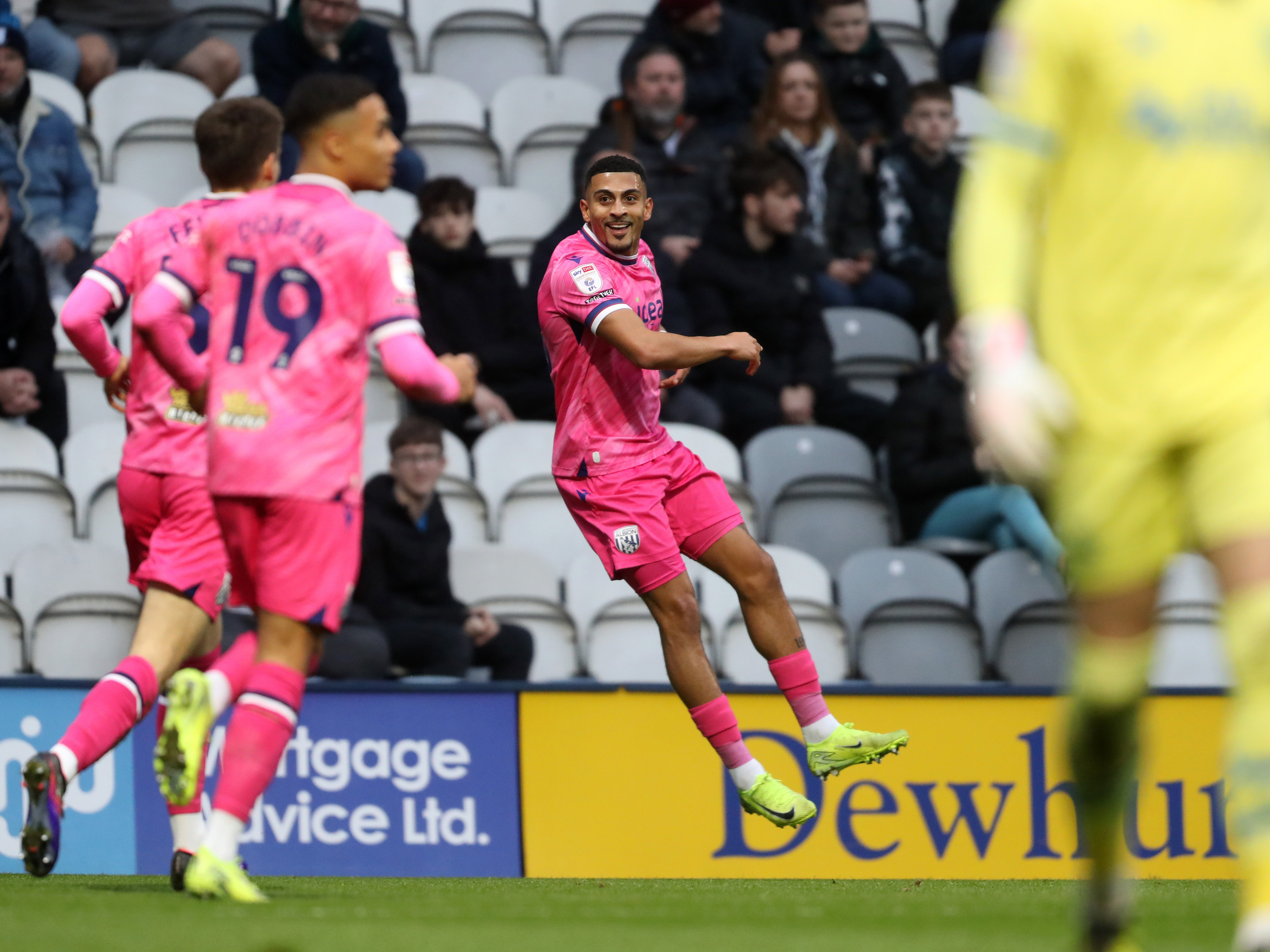 An image of Karlan Grant celebrating the opening goal against Preston