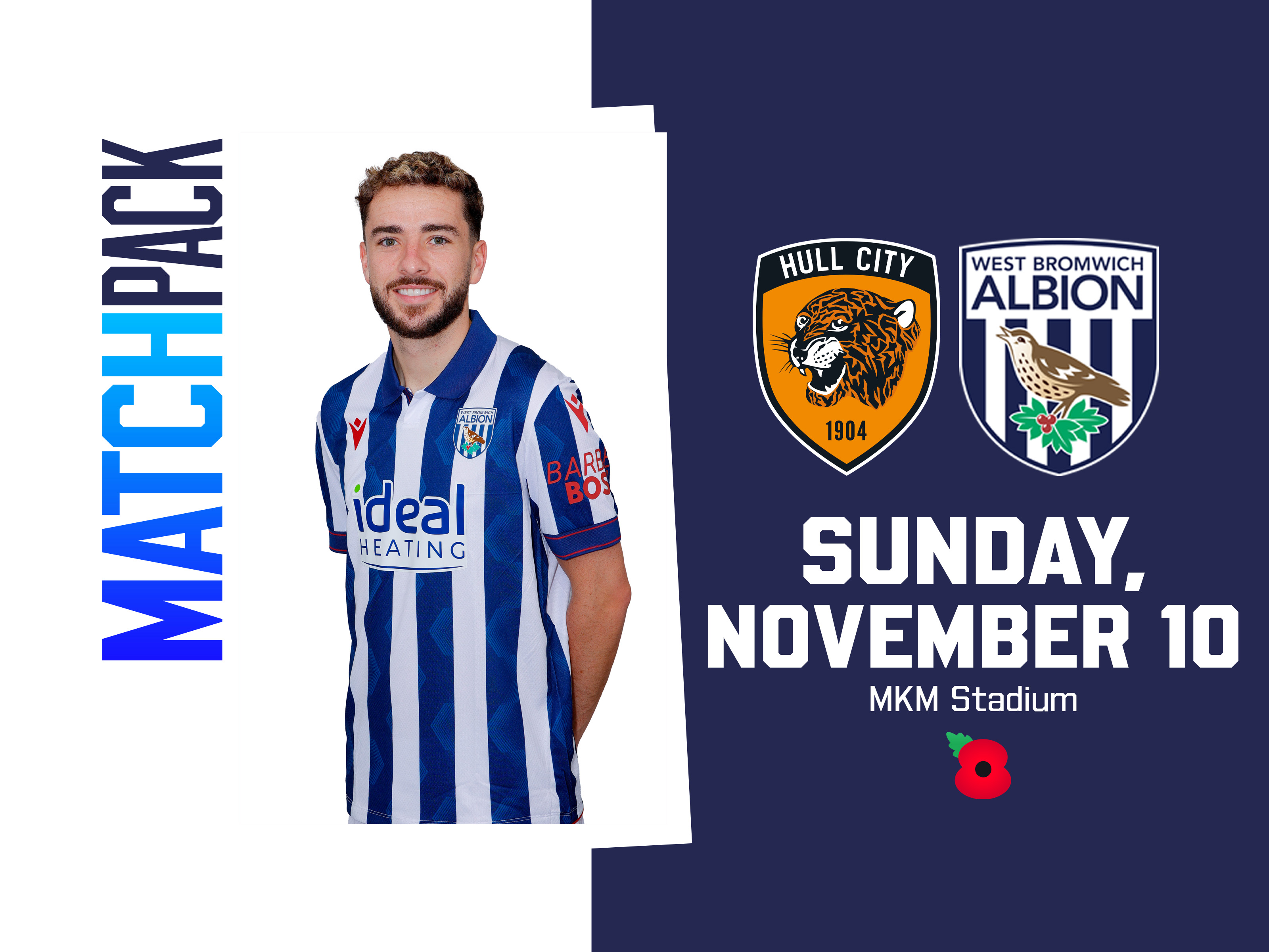 Hull City v Albion match pac graphic in home kit colours with both badges on and an image of Mikey Johnston smiling at the camera in the home shirt 