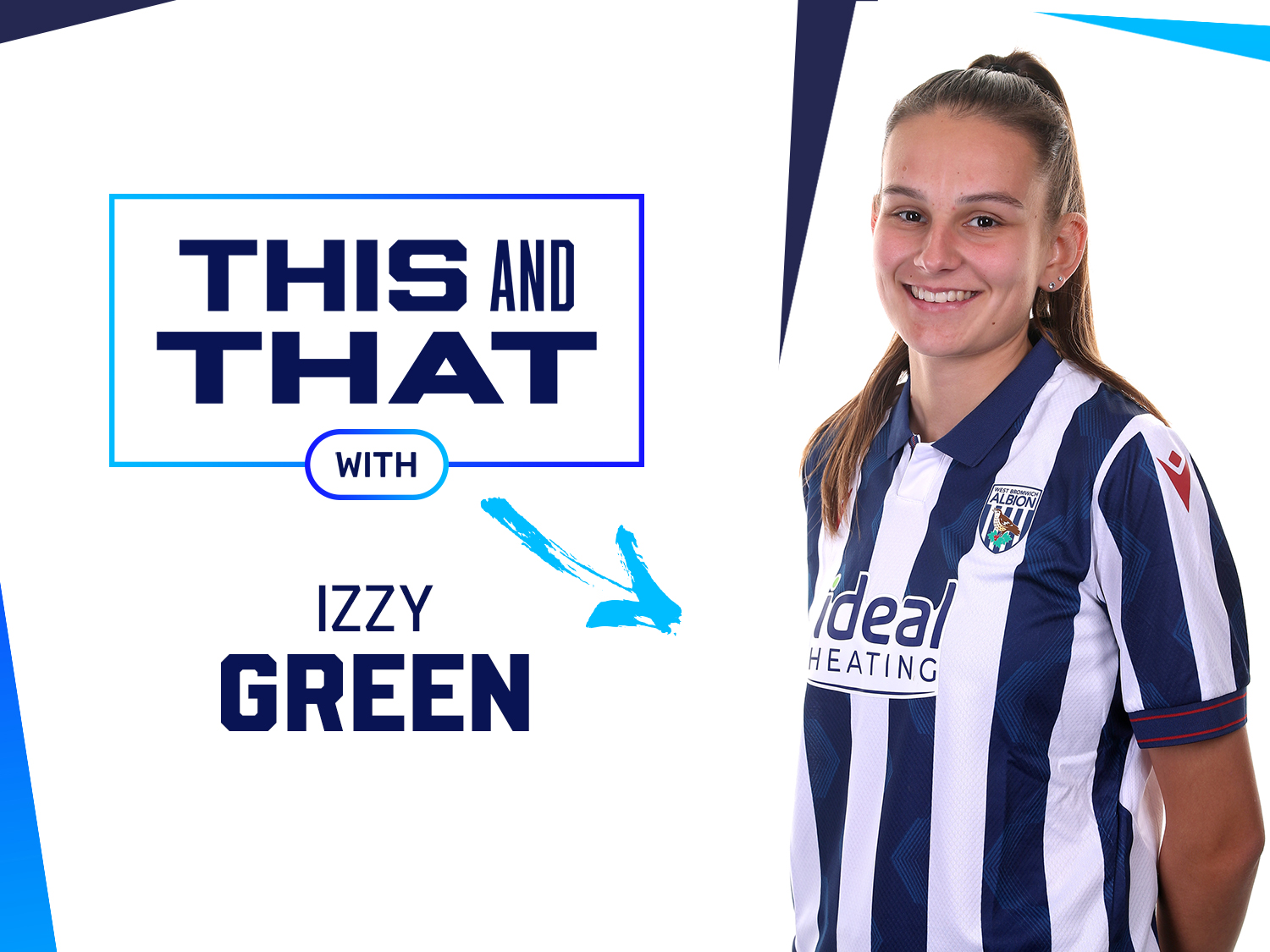 This and That graphic with an image of Izzy Green smiling at the camera while wearing the home shirt 