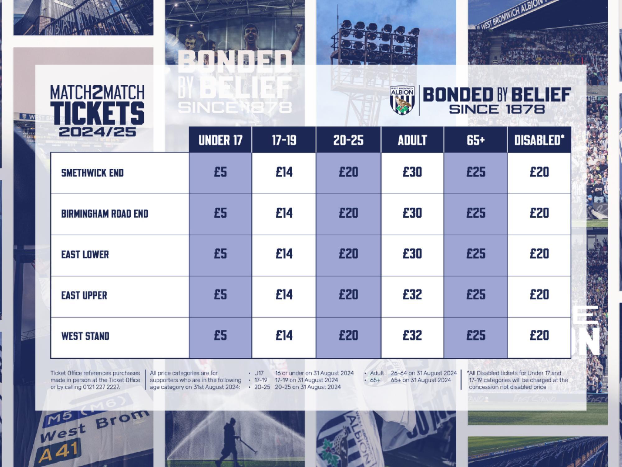 A graphic displaying Albion's matchday prices for the 2024/25 season