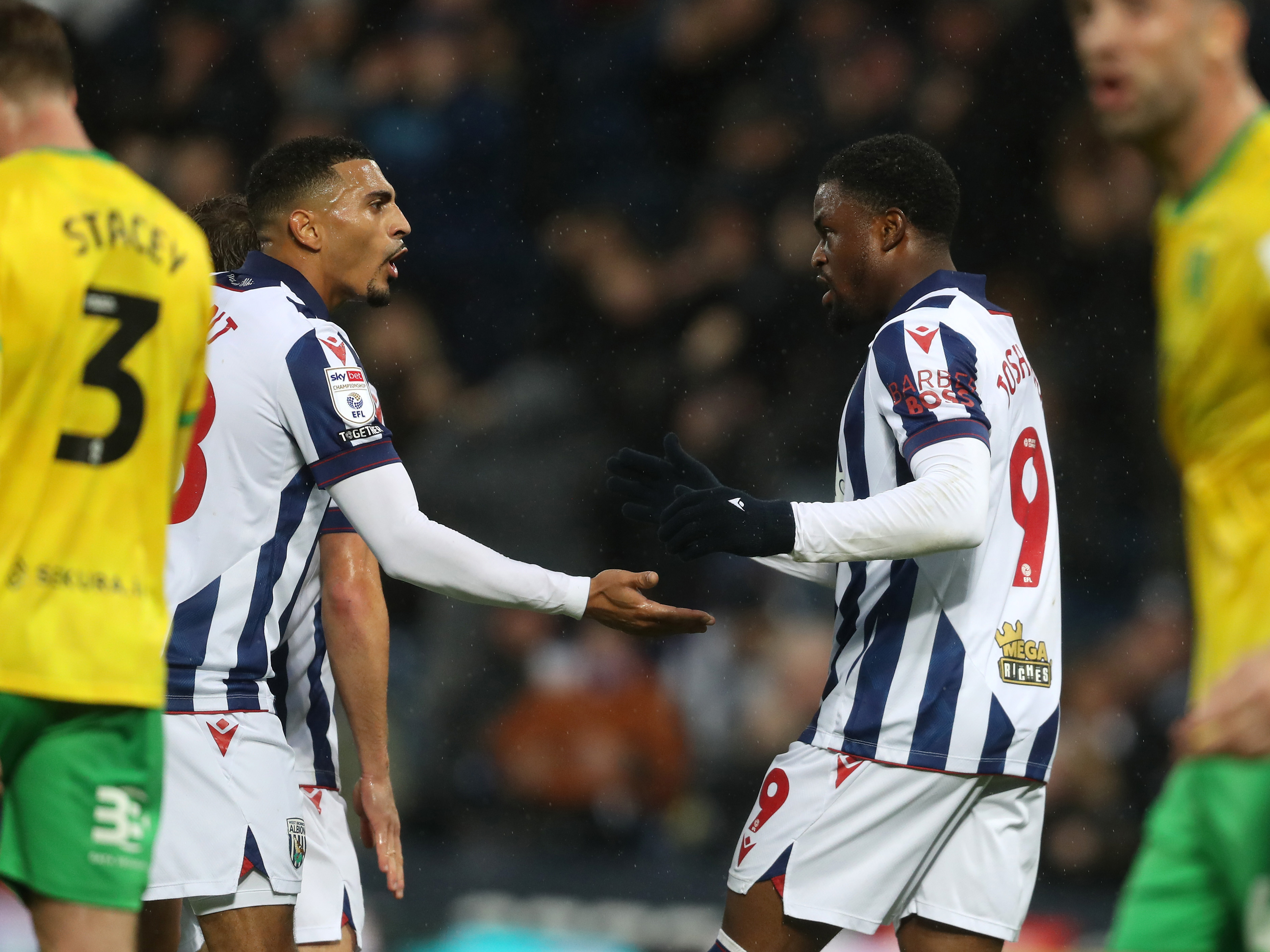 An image of Karlan Grant and Josh Maja celebrating a goal against Norwich