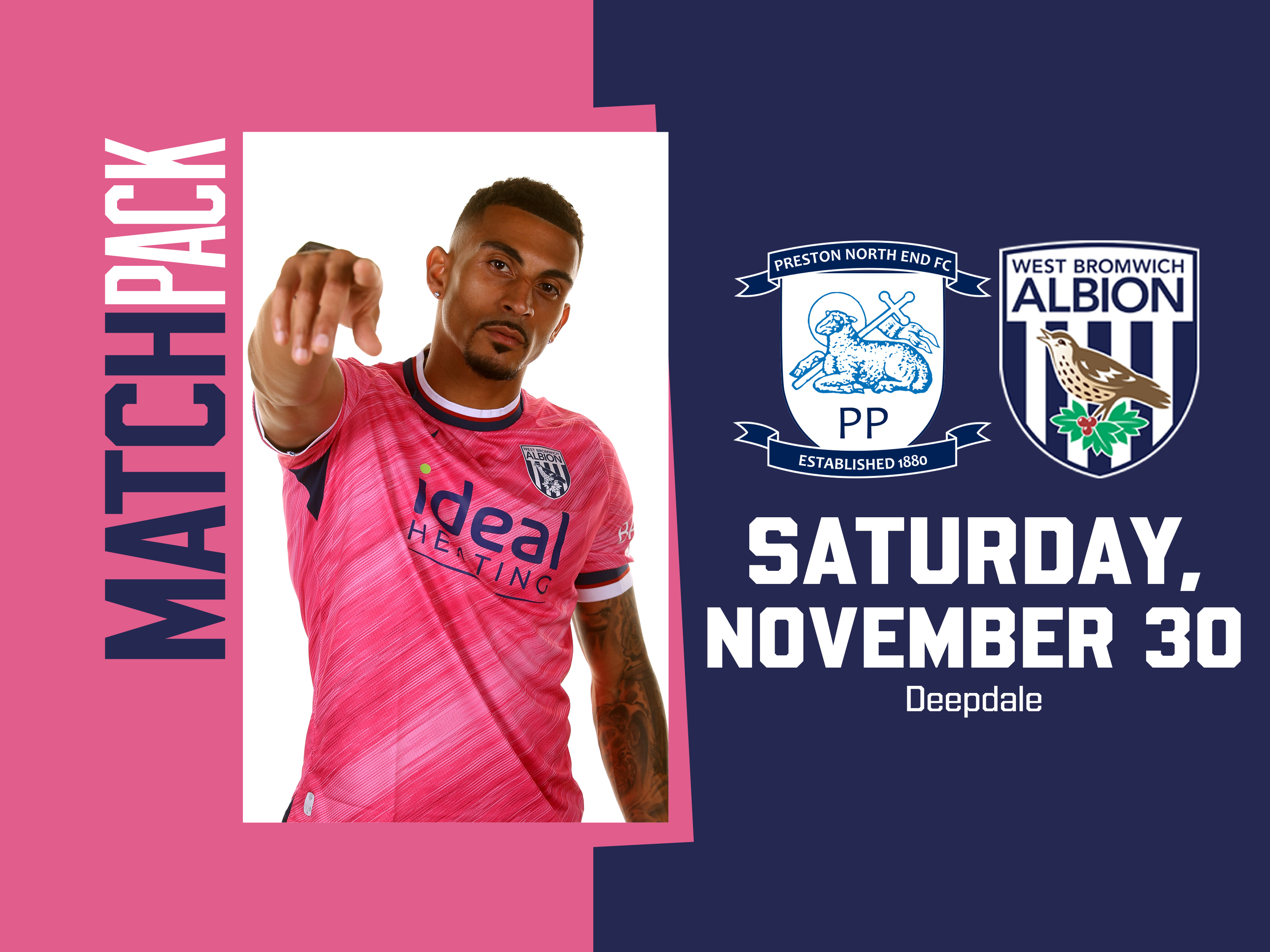 PNE pink away match pack graphic with both club badges on and an image of Karlan Grant pointing at the camera while wearing a pink away shirt 