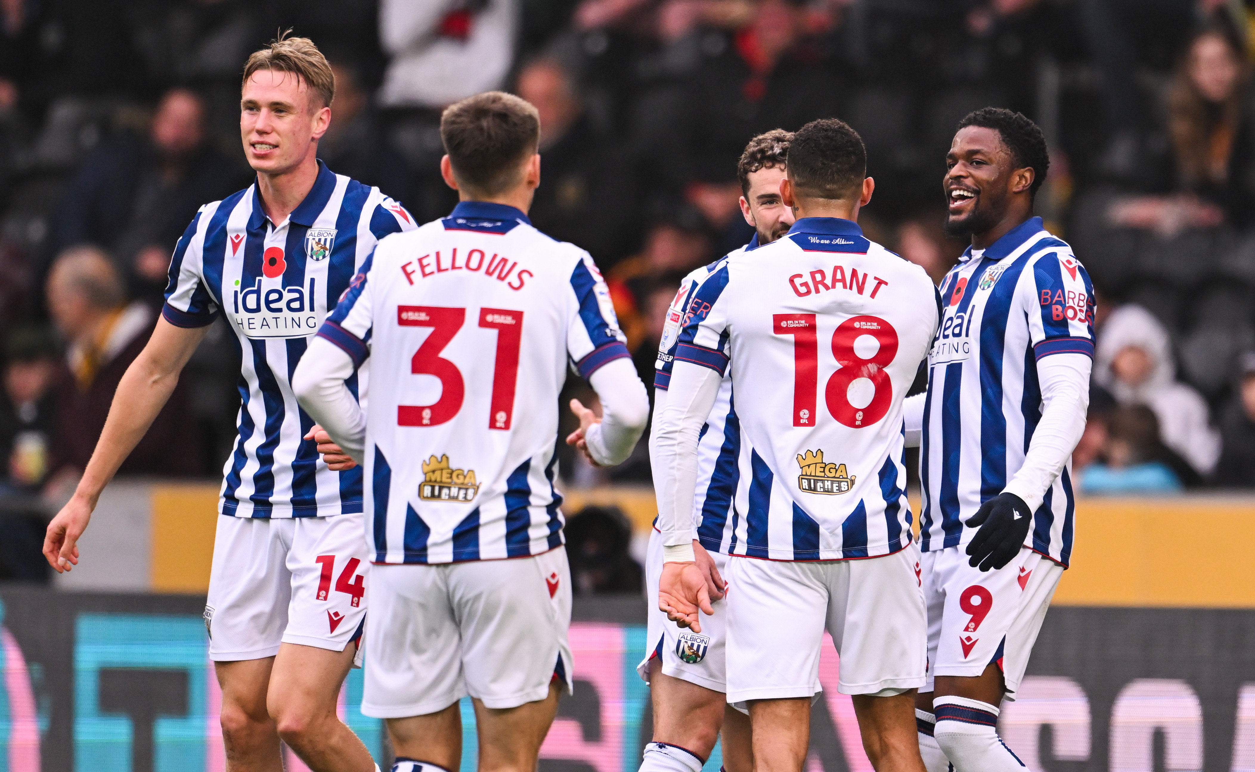 Josh Maja celebrates scoring against Hull with team-mates