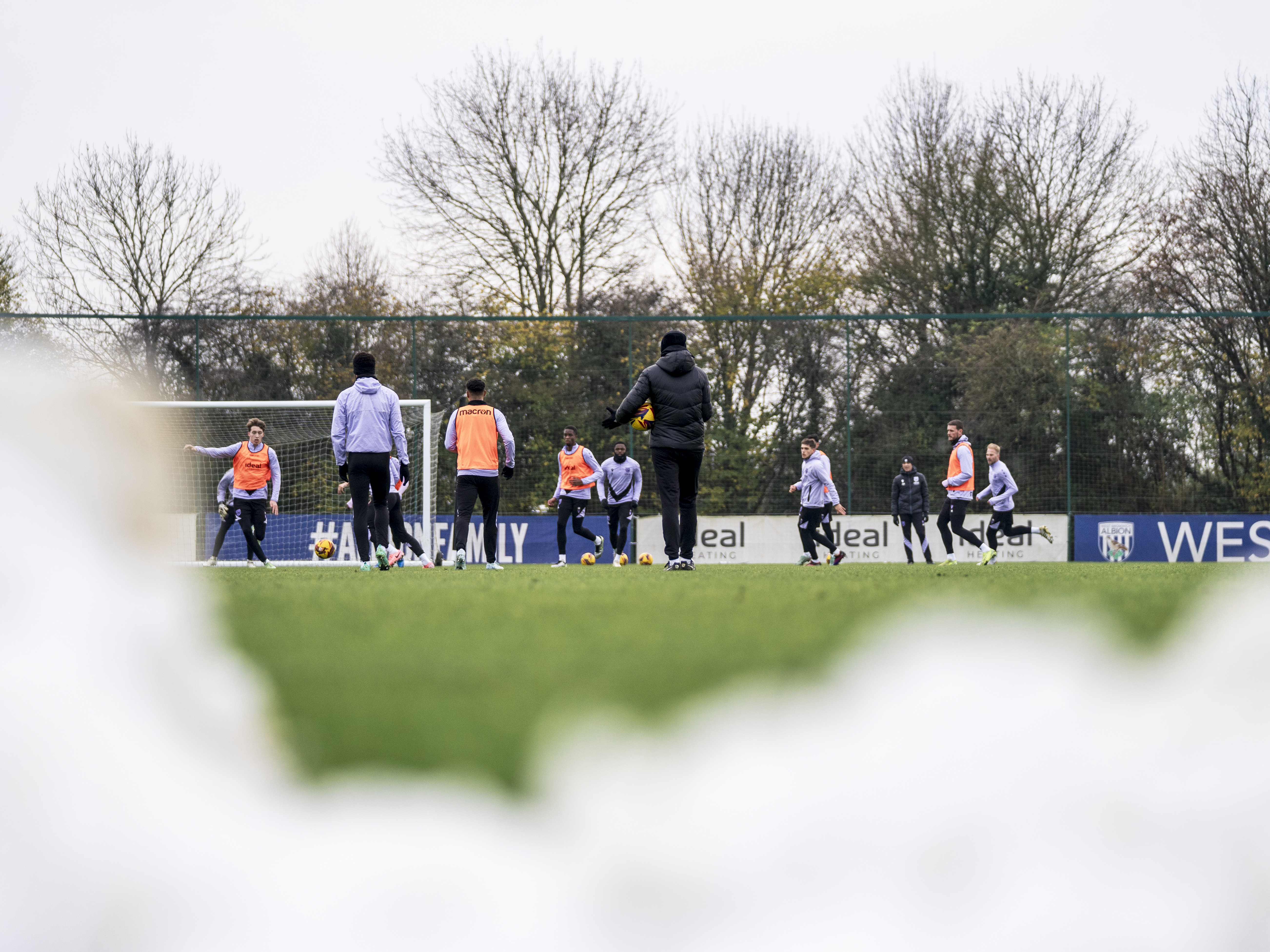 A general view of training with snow at the front of the camera 