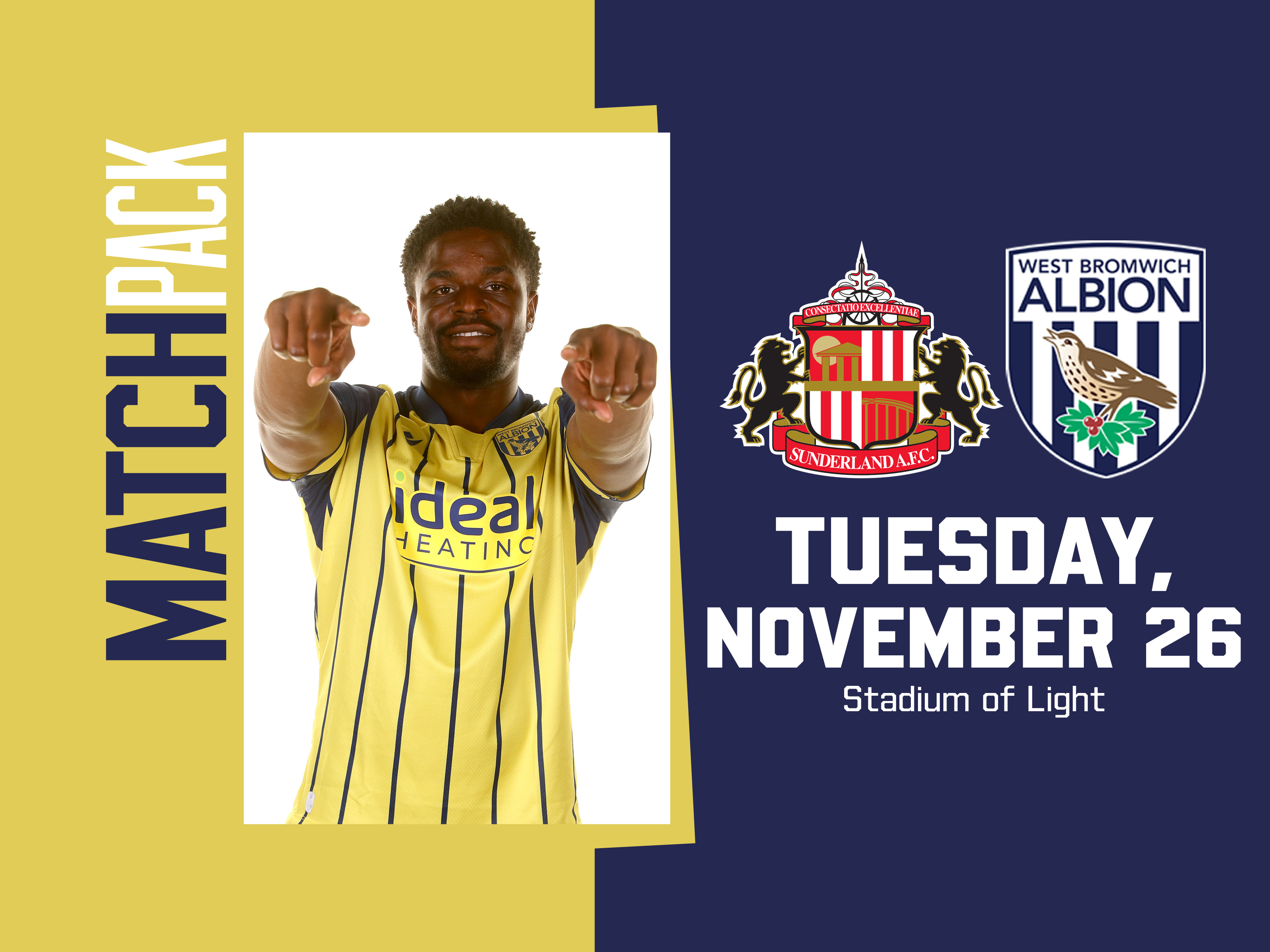 yellow and blue match pack graphic for Sunderland away with both club badges on and an image of Josh Maja in the yellow and blue away kit smiling and pointing at the camera 