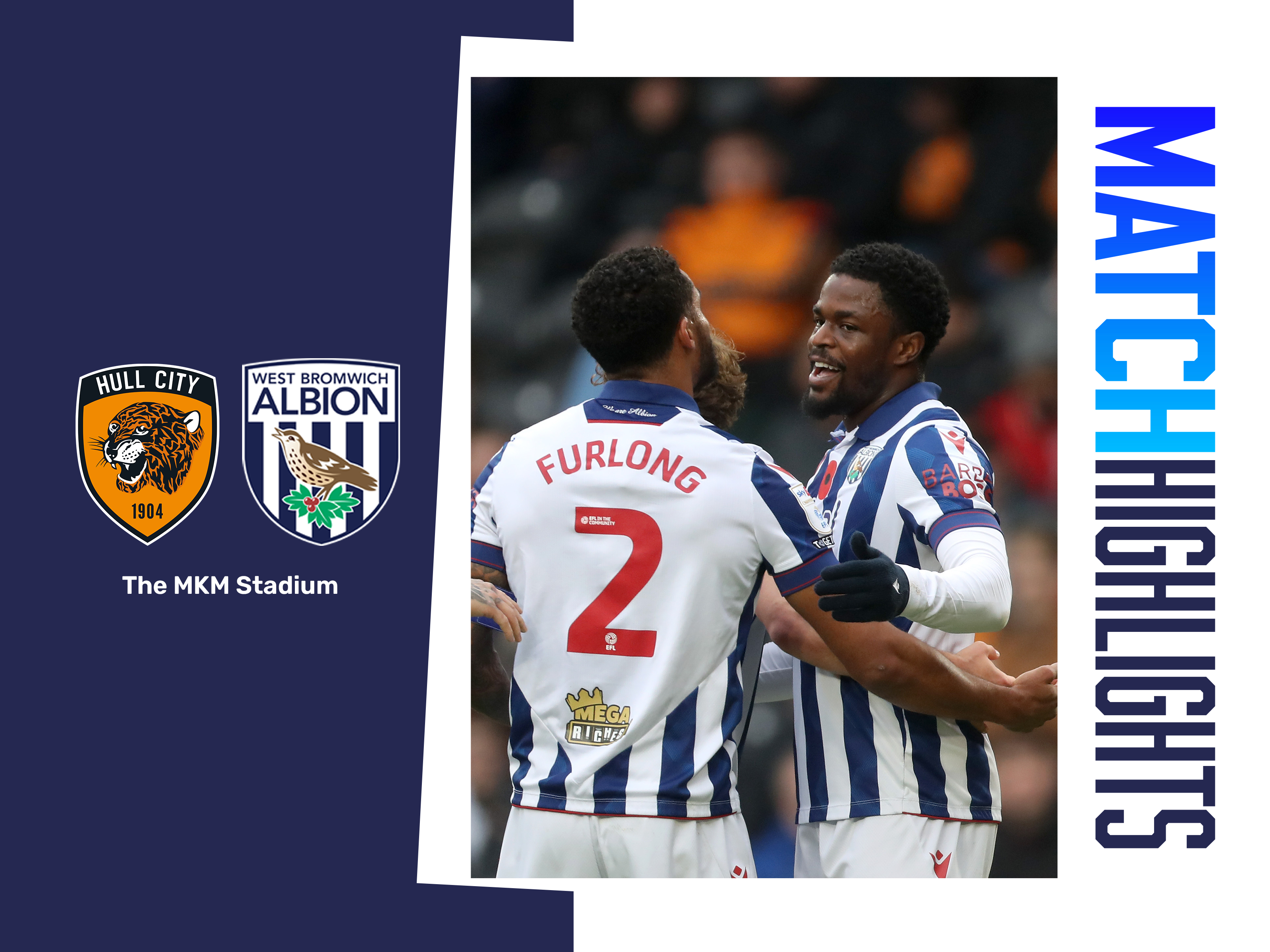 A match highlights graphic, including the club crests of Albion and Hull, with an action shot of Josh Maja and Darnell Furlong celebrating a goal