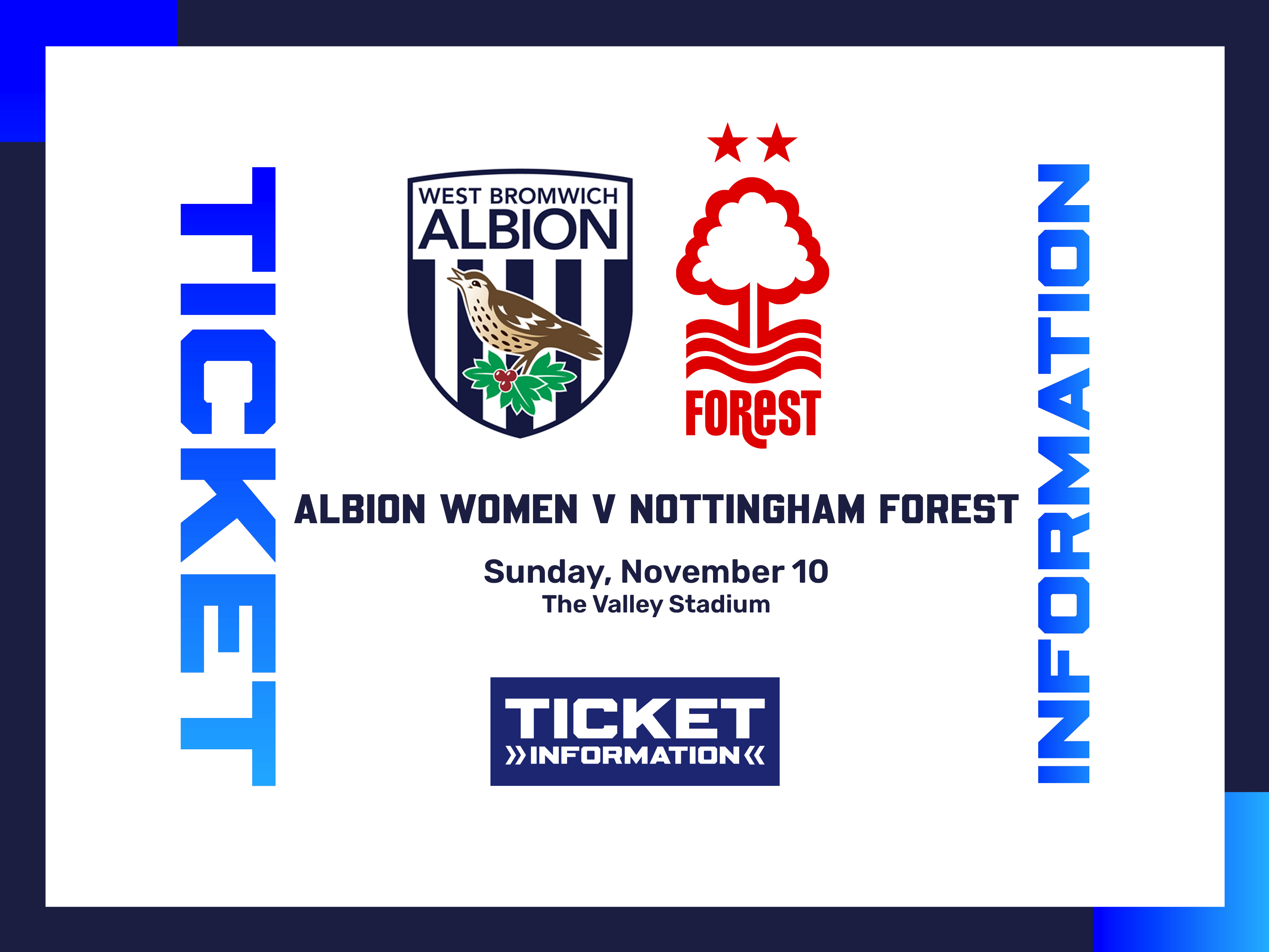 A ticket graphic displaying information for Albion Women's game against Nottingham Forest