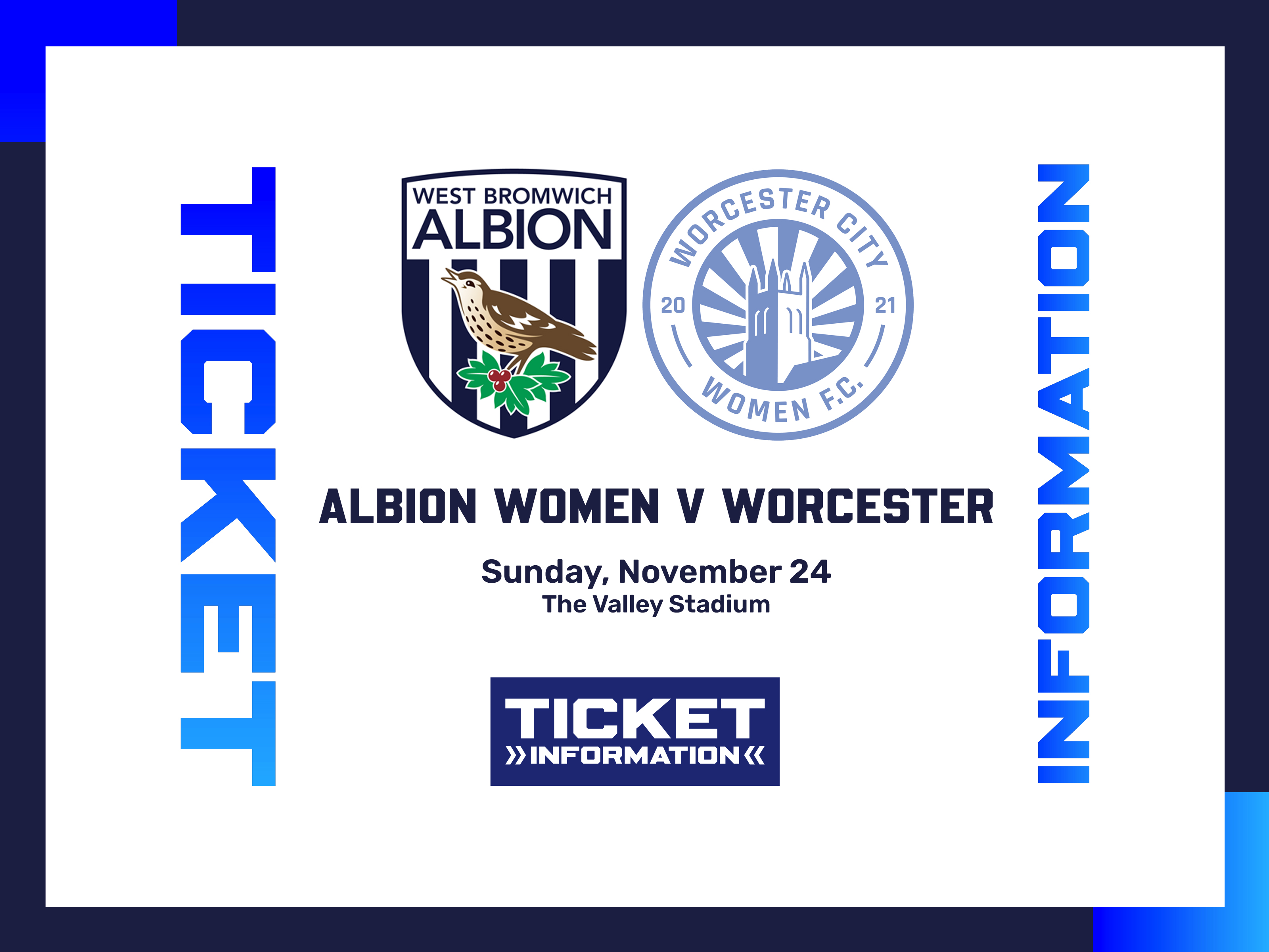 A ticket graphic displaying information for Albion Women's game against Worcester City