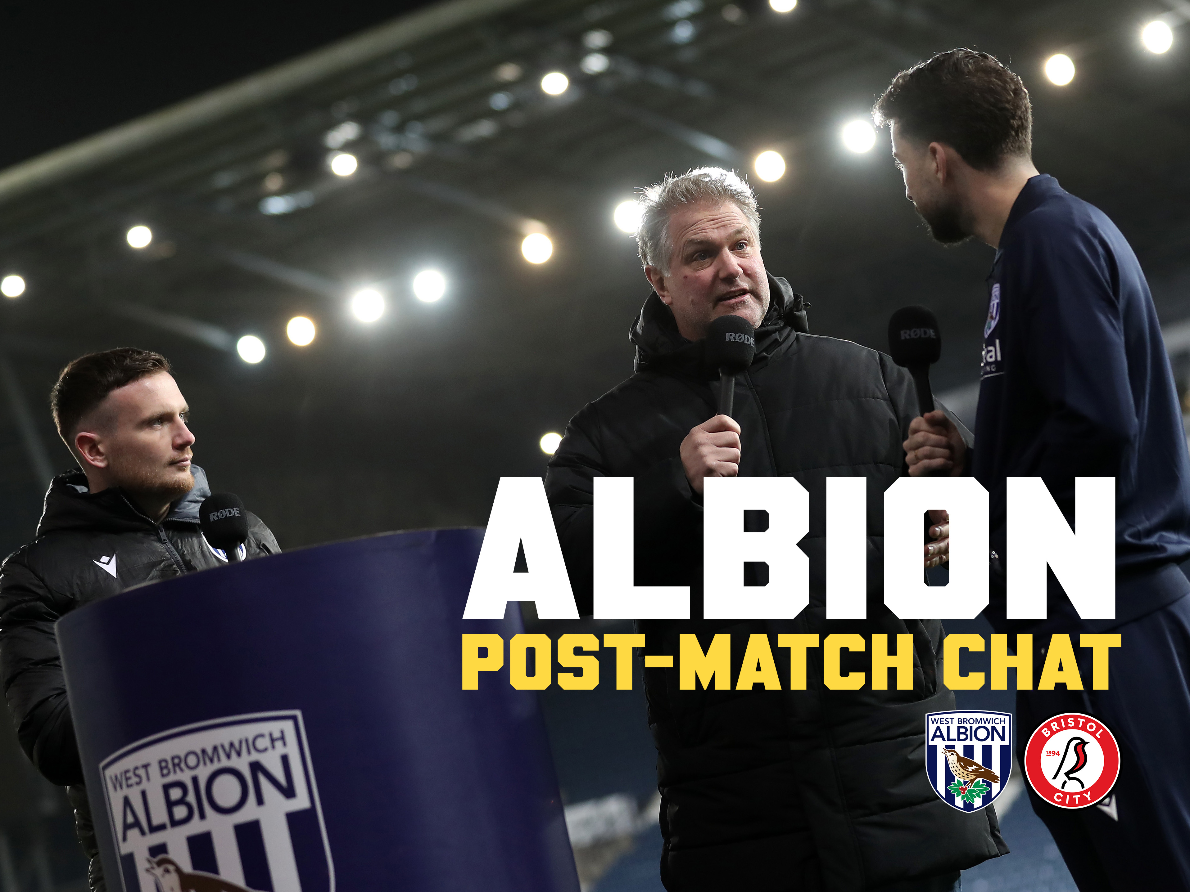 Albion post-match chat graphic Bristol City with an image of Andy Johnson chatting to Mikey Johnston 