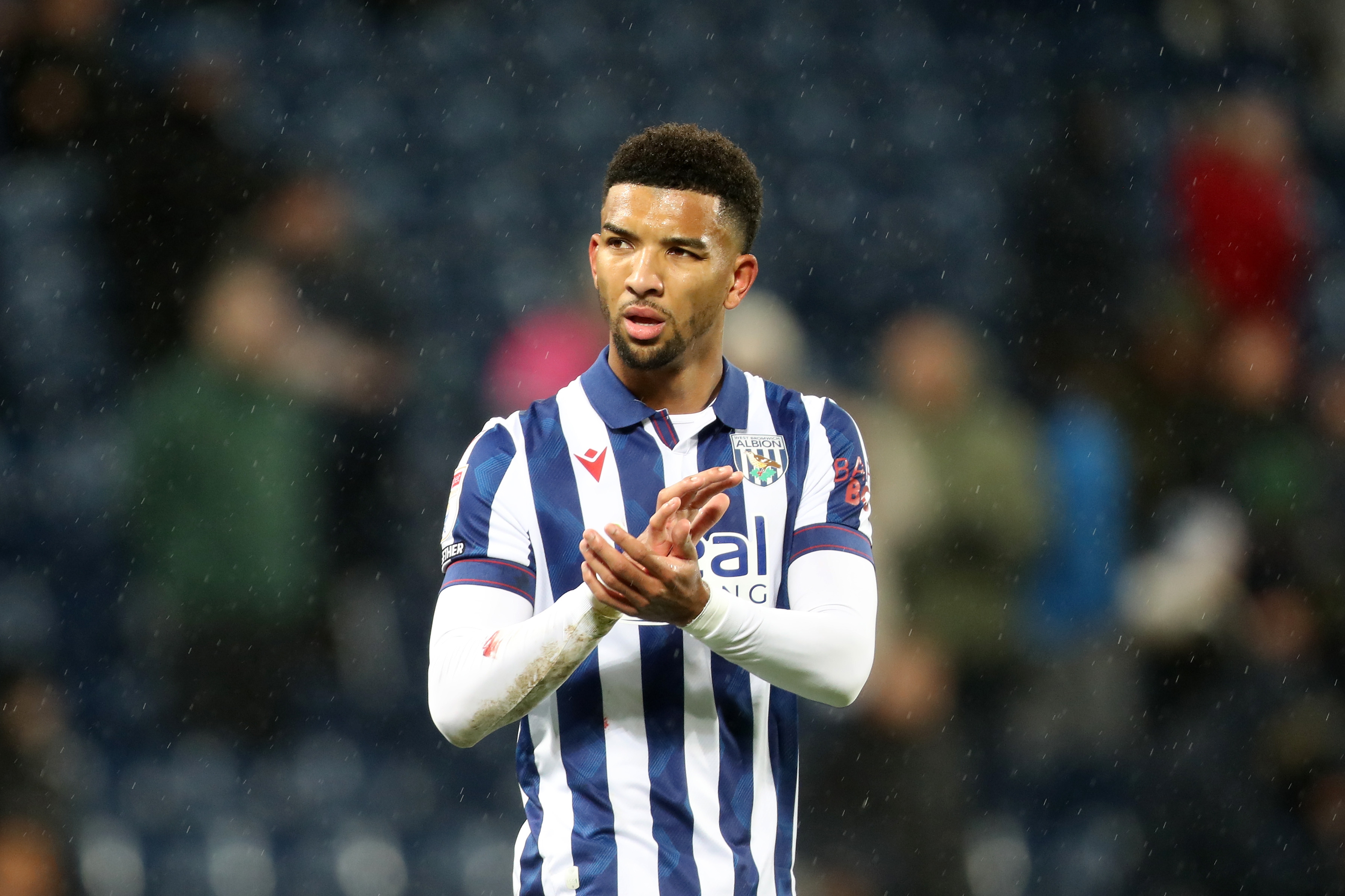 Mason Holgate applauding Albion fans after the match against Sheffield United 