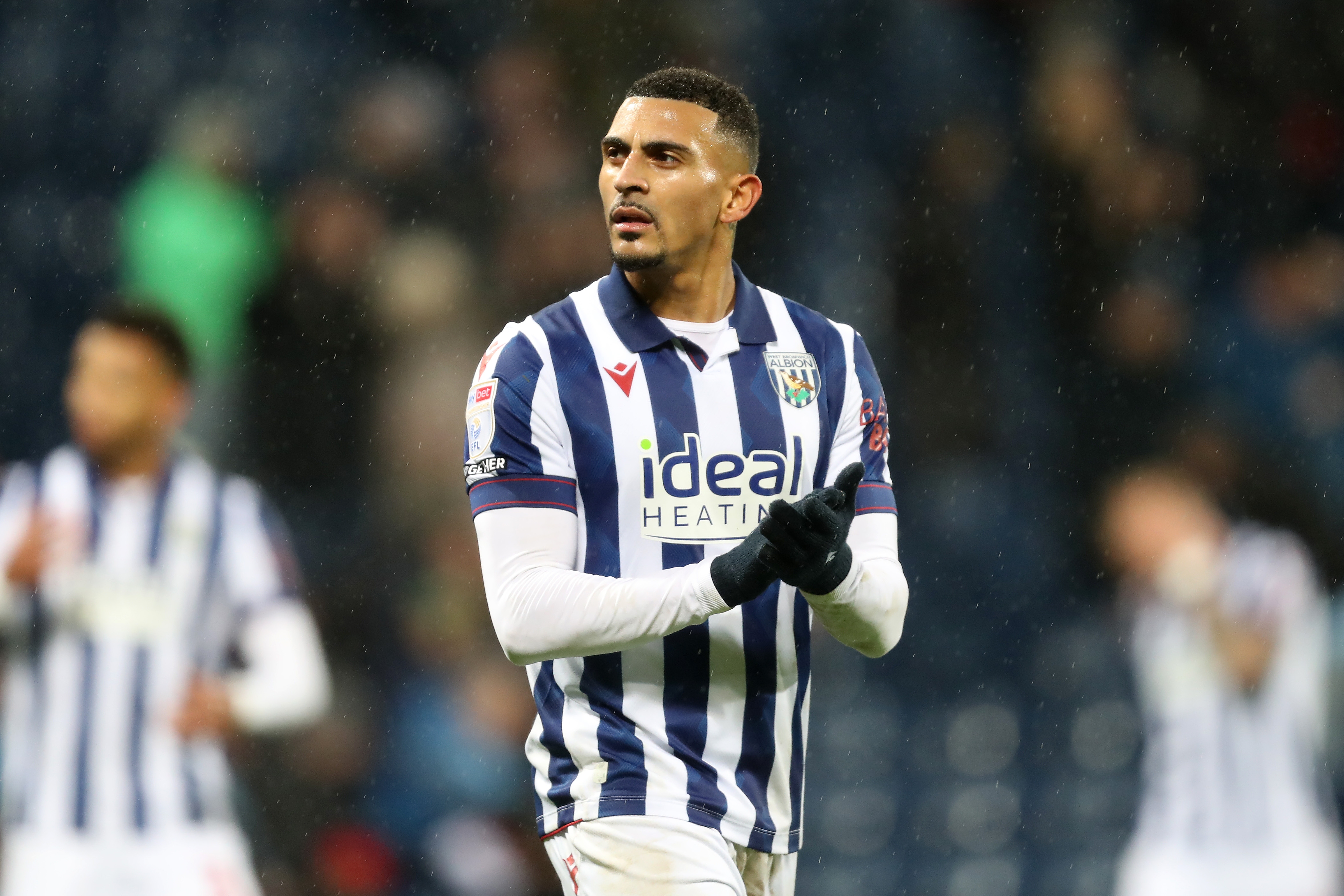 Karlan Grant applauding Albion fans after the match against Sheffield United 