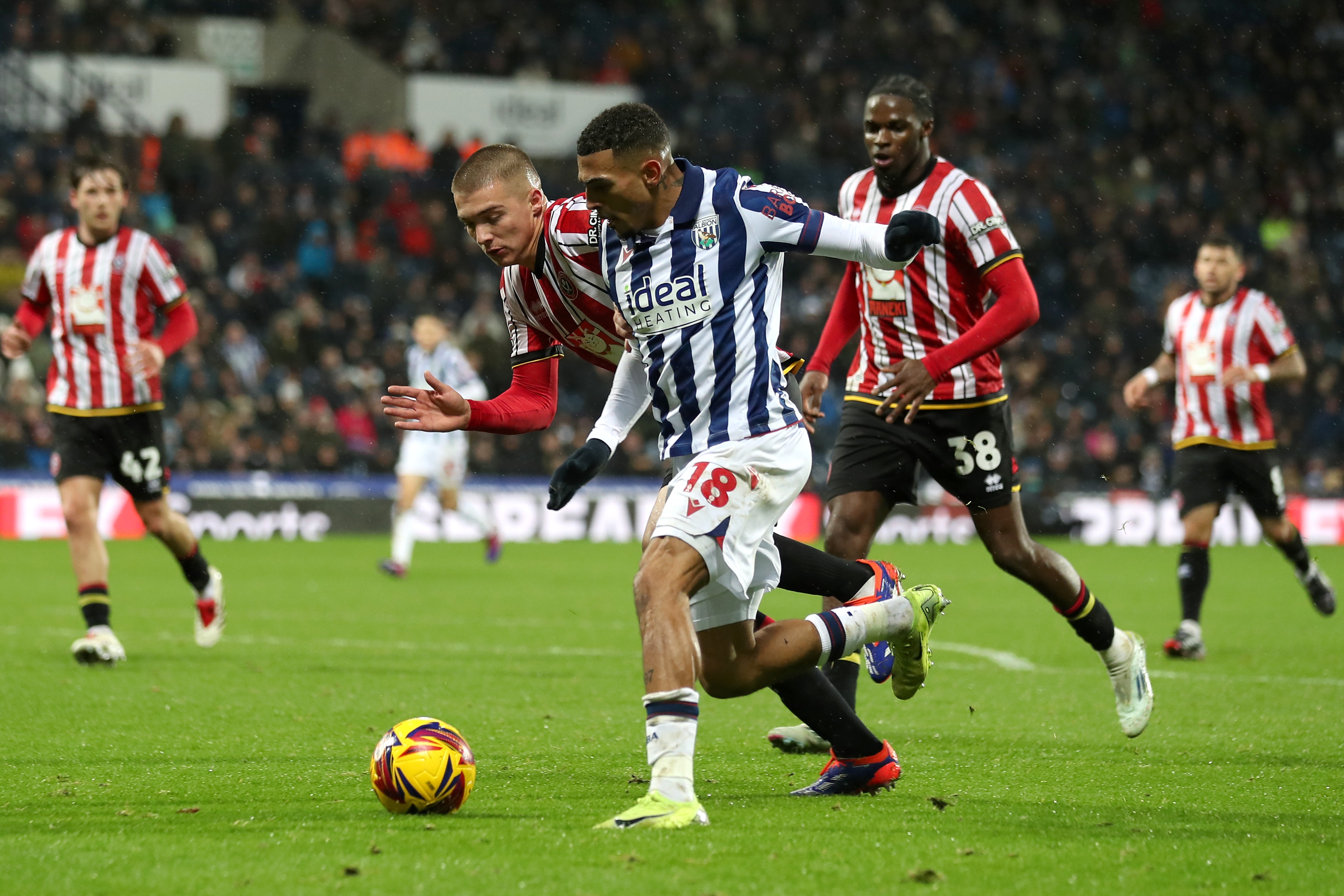 Karlan Grant on the ball against Sheffield United 