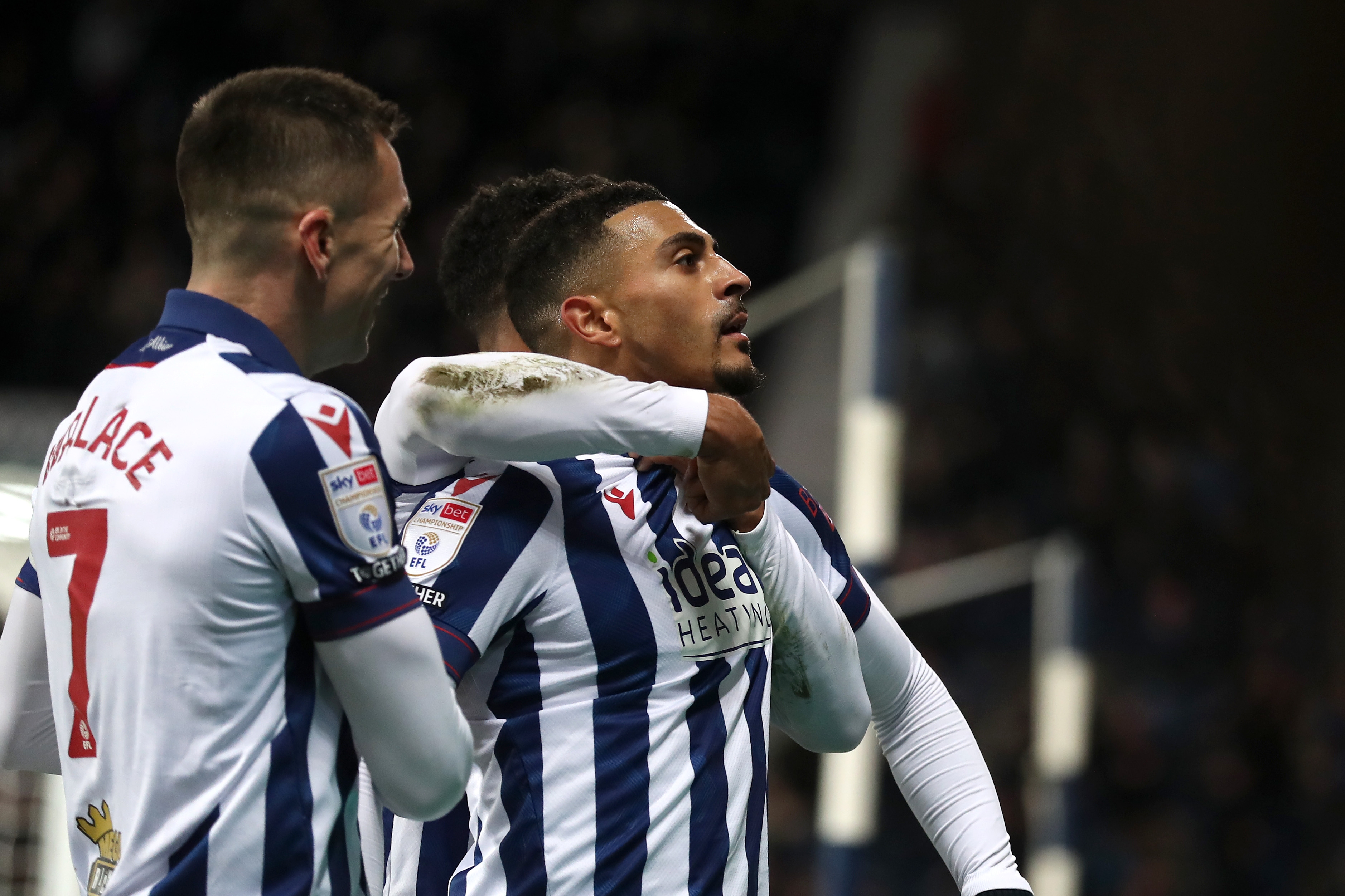 Karlan Grant celebrates scoring against Coventry City with team-mates