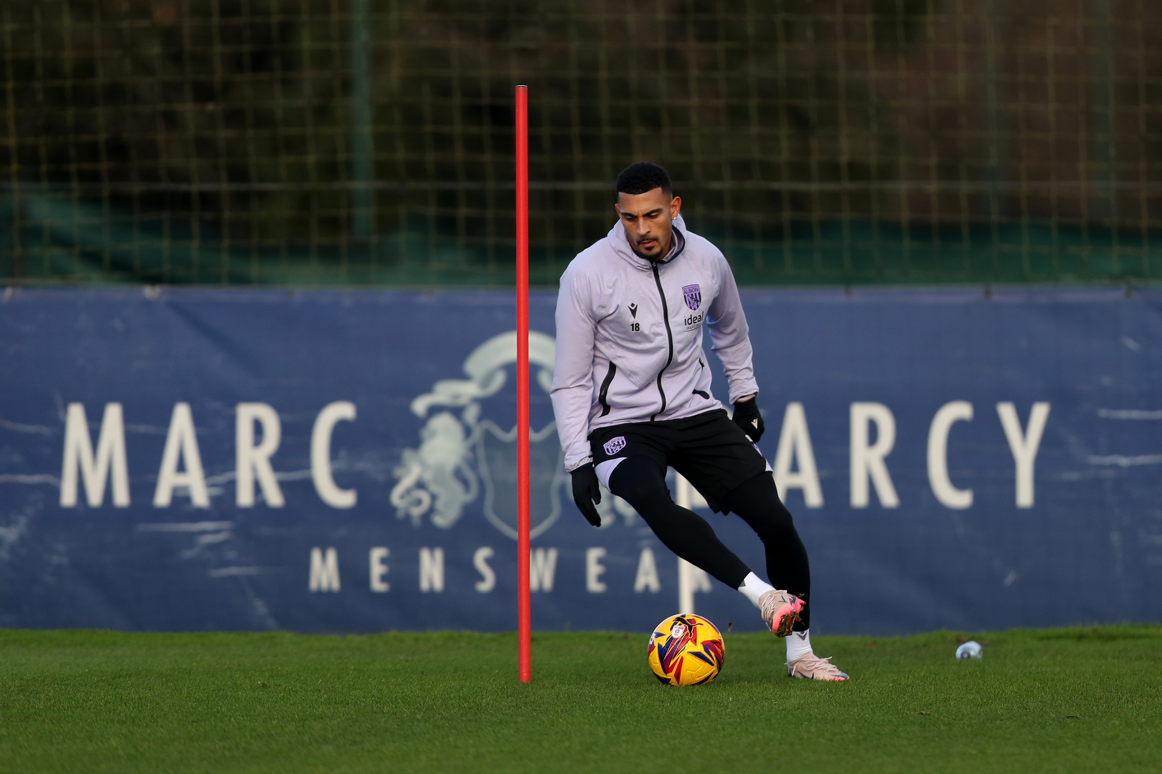 Karlan Grant on the ball during training 